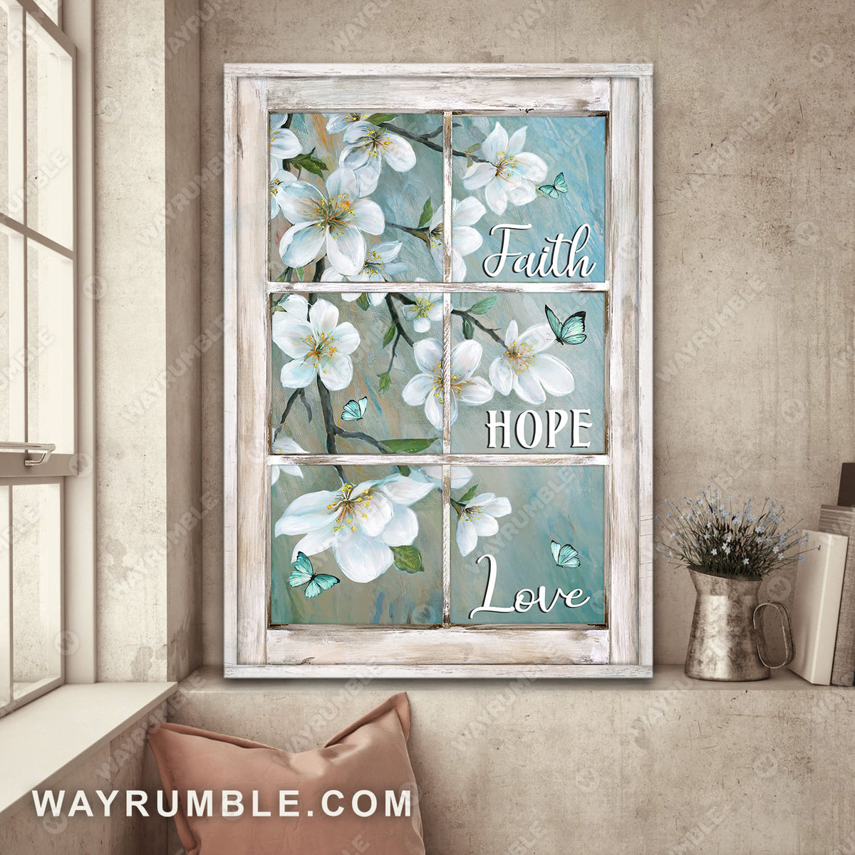 Beautiful flower painting, White wooden window, Spring drawing, Faith hope love - Jesus Portrait Canvas Prints, Wall Art