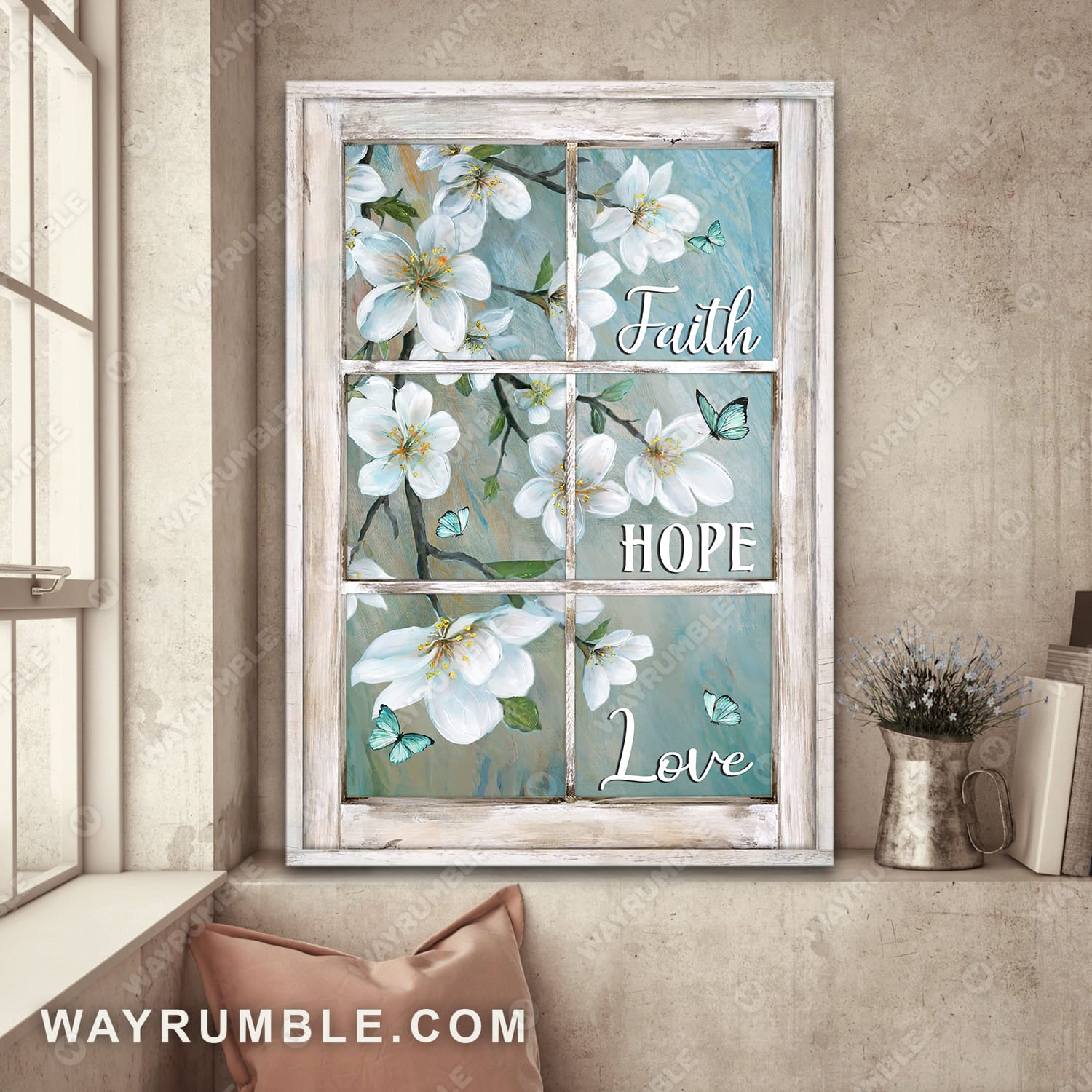 Beautiful flower painting, White wooden window, Spring drawing, Faith hope love - Jesus Portrait Canvas Prints, Wall Art