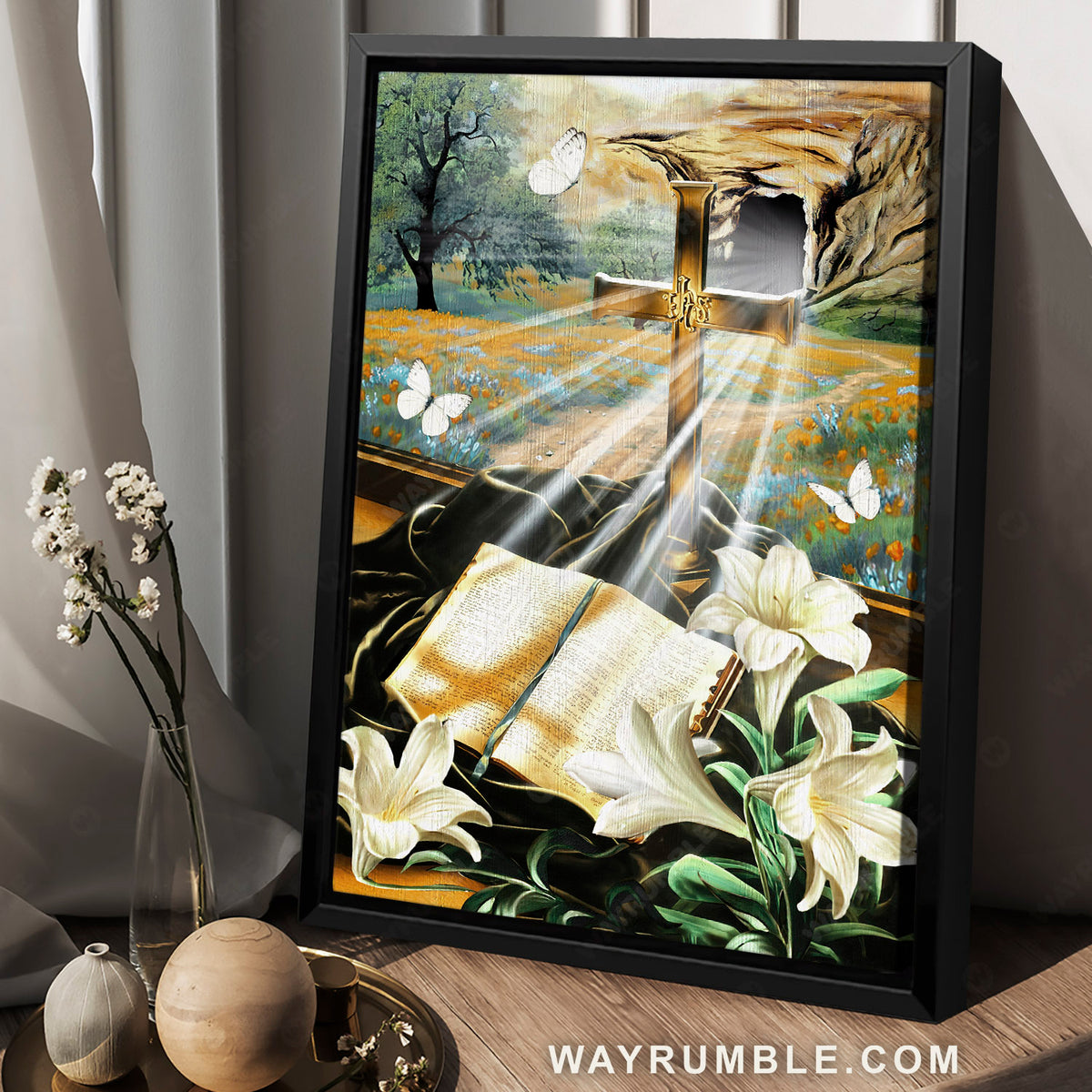 Bible book, Lily flowers, Golden cross, White butterfly - Jesus Portrait Canvas Prints, Christian Wall Art