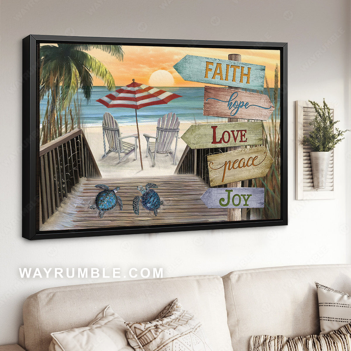 Sea turtles, Beach chairs, Sunrise ocean, Faith hope love - Jesus Landscape Canvas Prints, Christian Wall Art