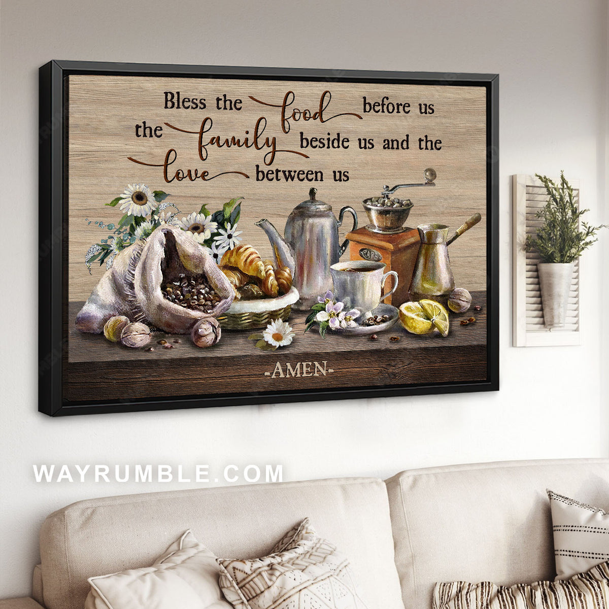Croissants, Coffee cup, Coffee beans, Bless the food - Jesus Landscape Canvas Prints, Christian Wall Art