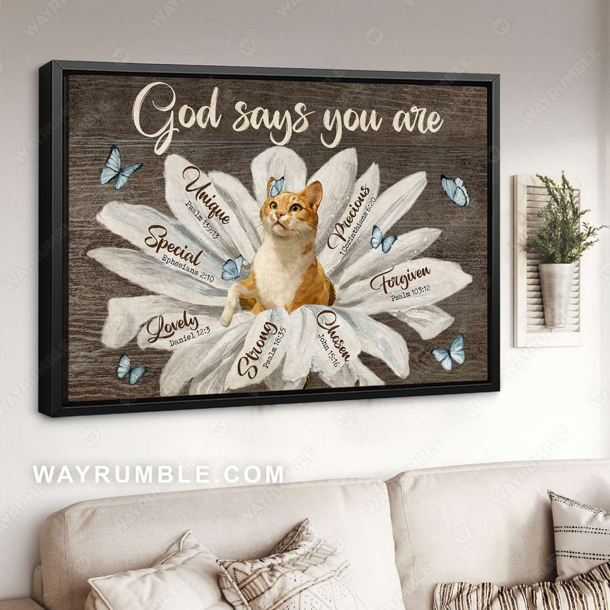Cat painting, Beautiful butterfly, Wooden background, God says you are - Jesus Landscape Canvas Prints, Christian Wall Art