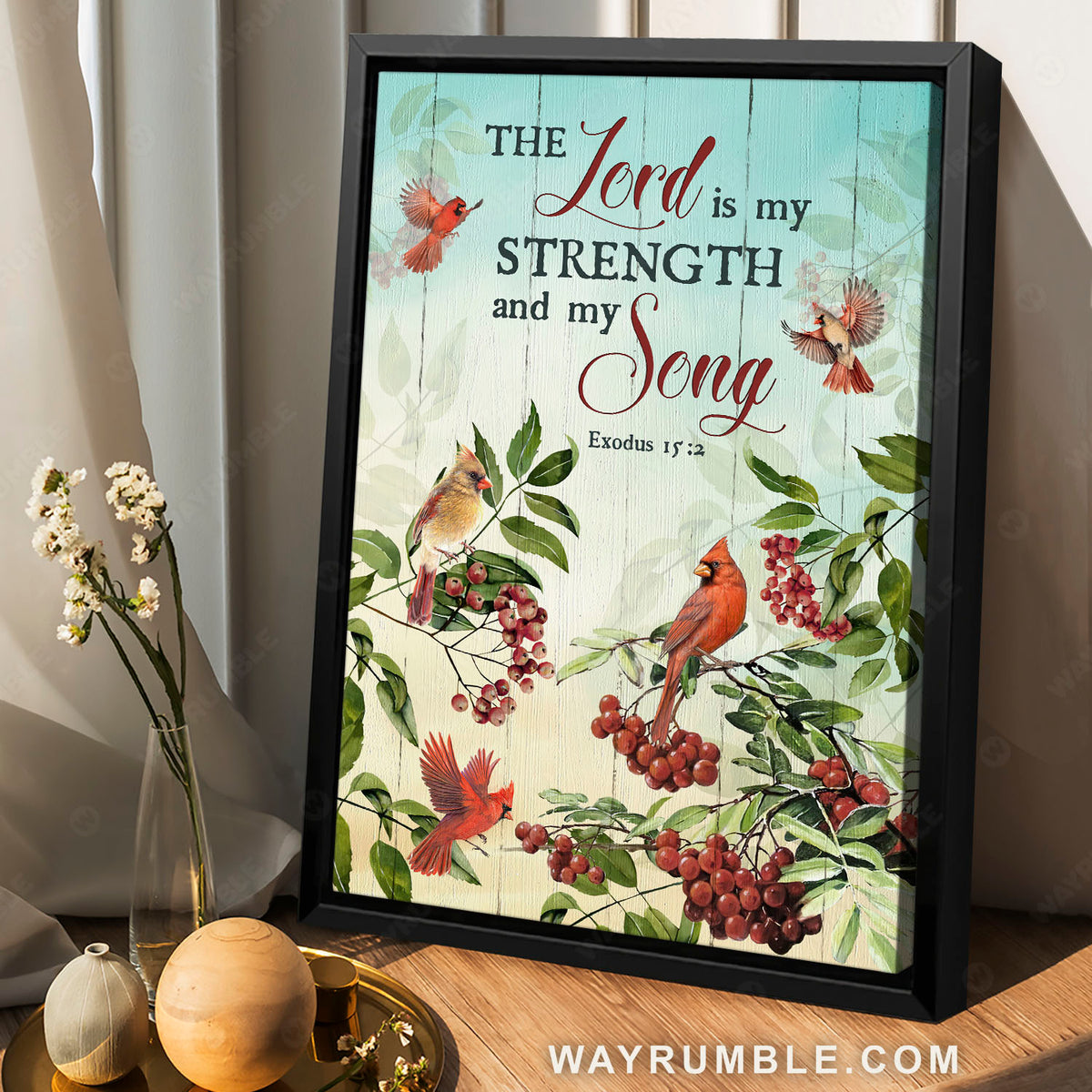 Male and female cardinals, Cranberry tree, The Lord is my strength - Jesus Portrait Canvas Prints, Christian Wall Art