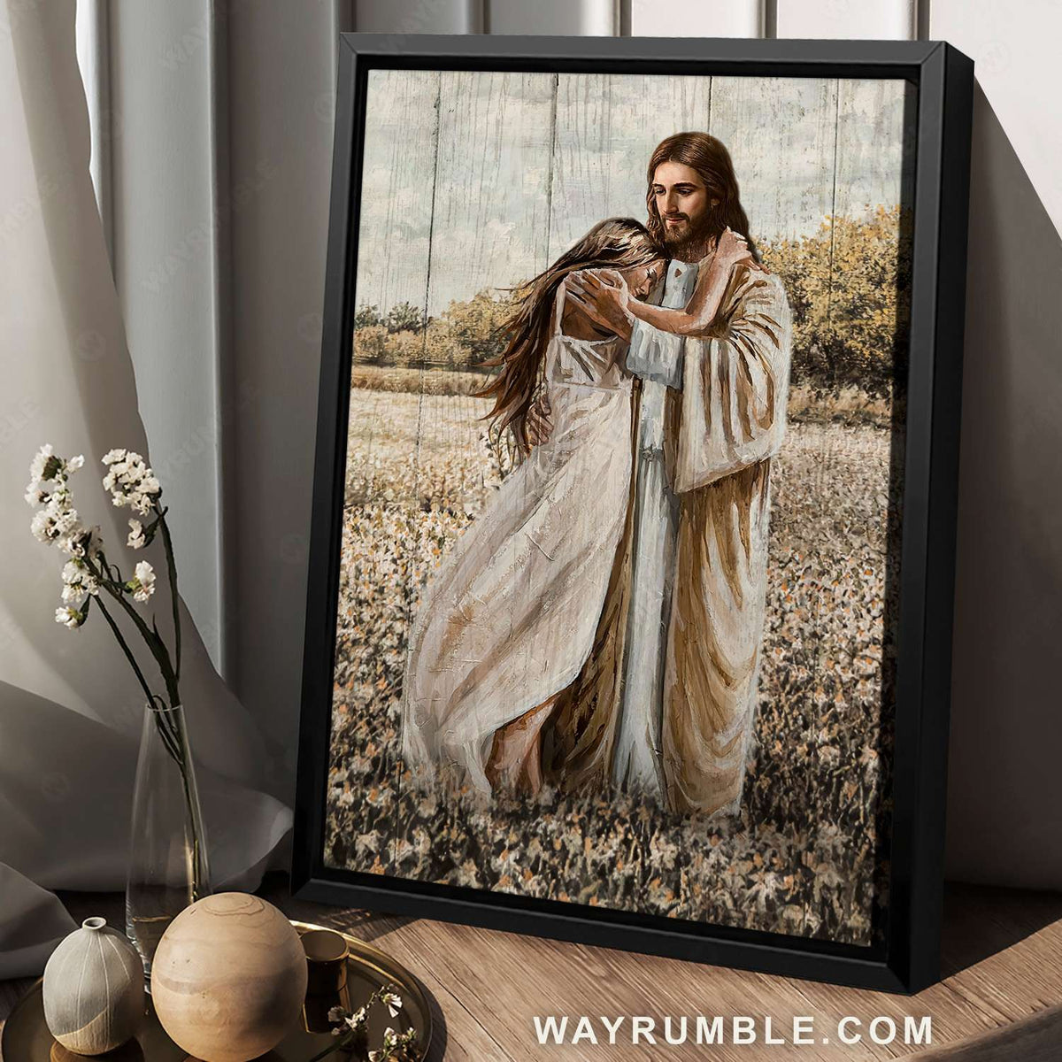 Beautiful girl, Jesus hug, Flower field, Jesus lover of my soul - Jesus Portrait Canvas Prints, Christian Wall Art