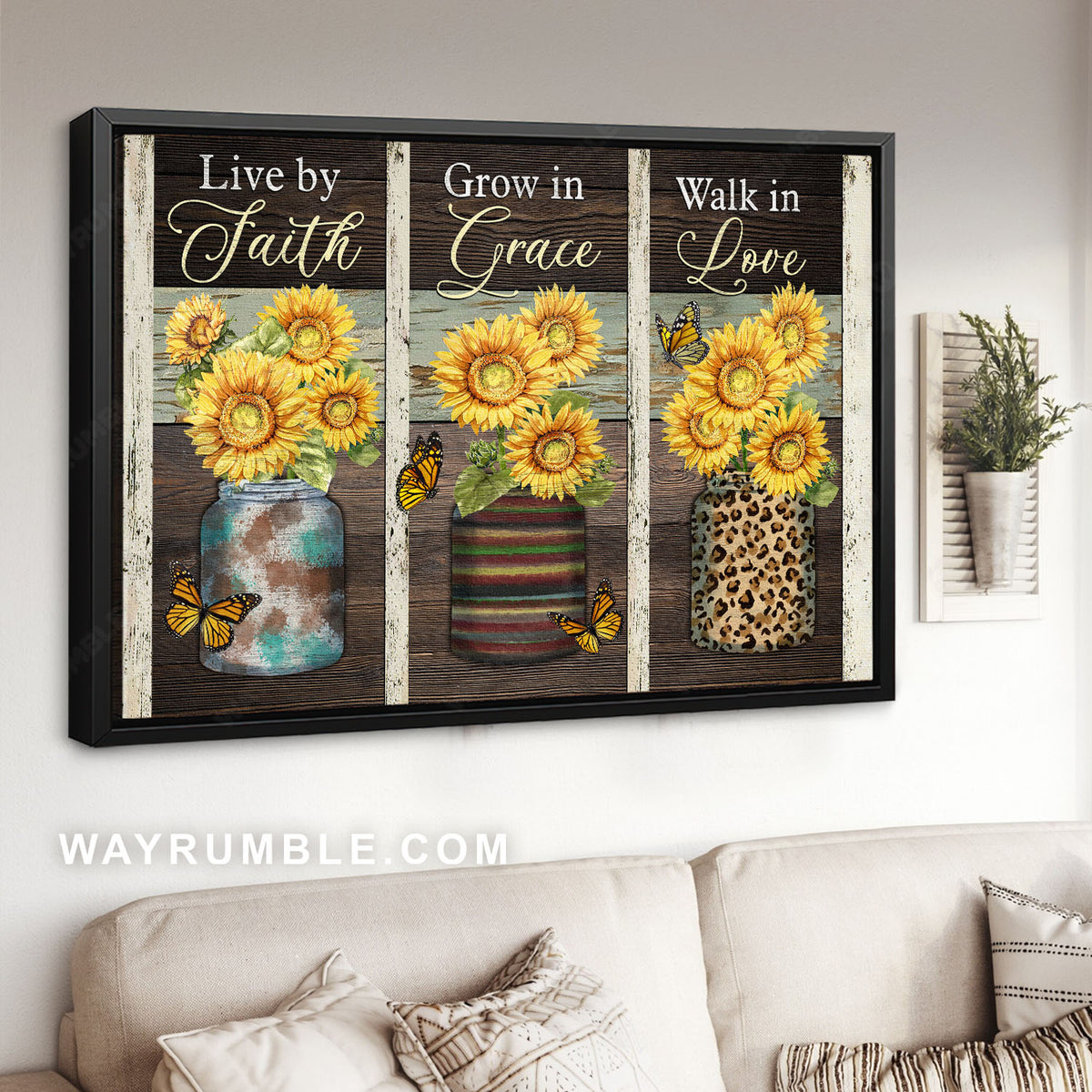 Sunflowers in mason jars, Monarch butterfly, Live by faith - Jesus Landscape Canvas Prints, Christian Wall Art