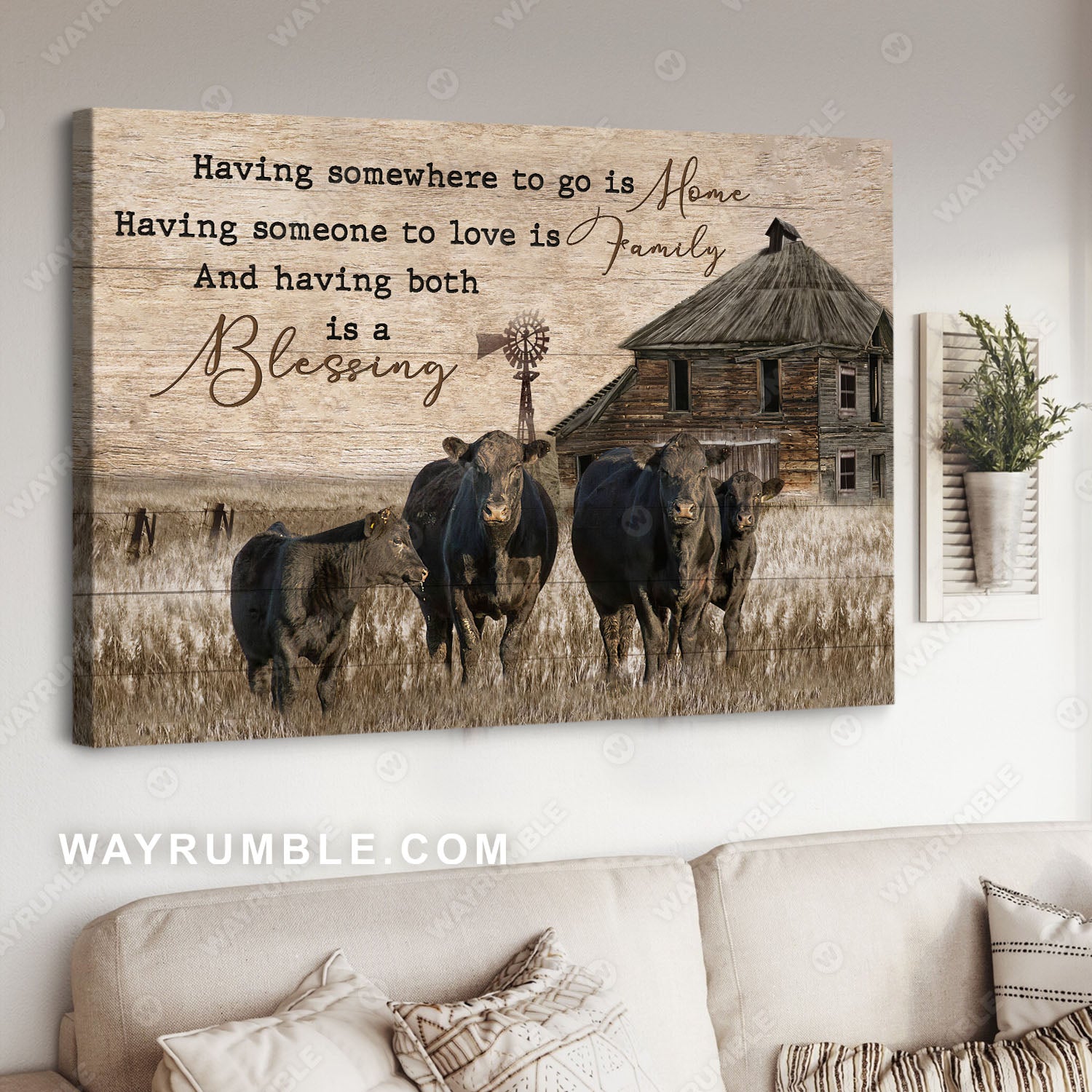 Cow painting, Countryside landscape, Old farm house, Having someone to love is family - Jesus Landscape Canvas Prints, Christian Wall Art