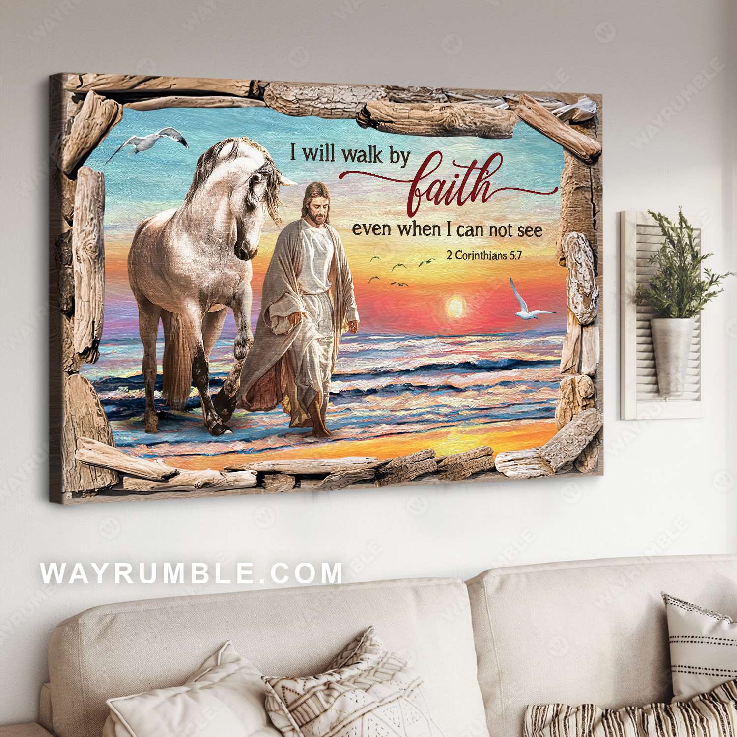Walking with Jesus, White horse, Beautiful beach, I will walk by faith - Jesus Landscape Canvas Prints, Christian Wall Art