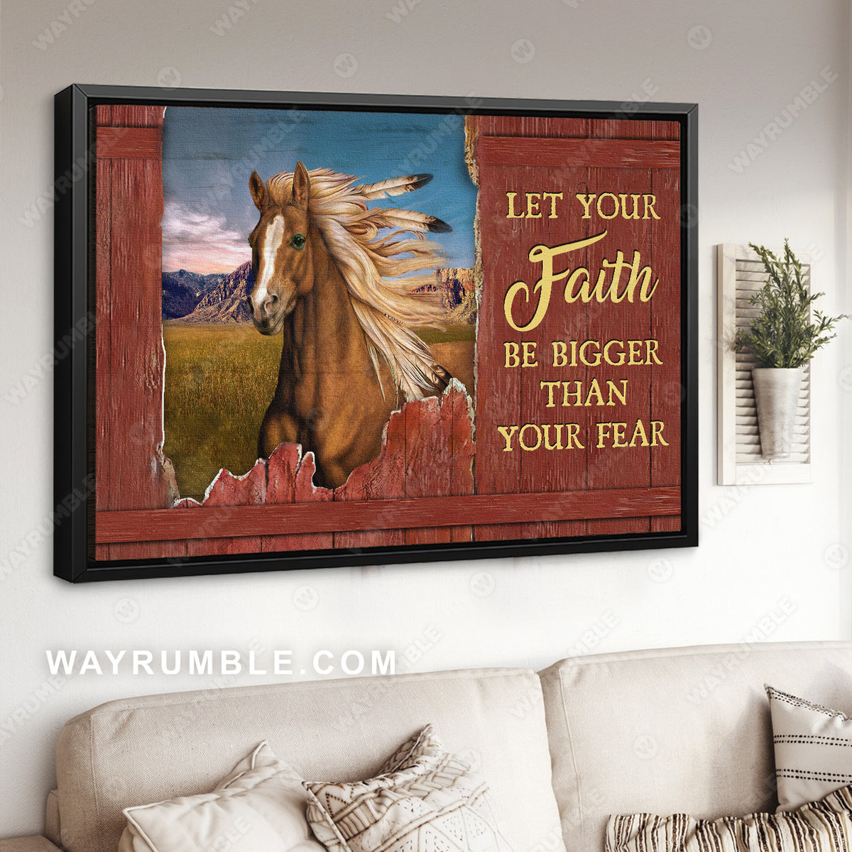 Brown Horse, Feather, Grassland, Let your faith be bigger than your fear - Jesus Landscape Canvas Prints, Christian Wall Art