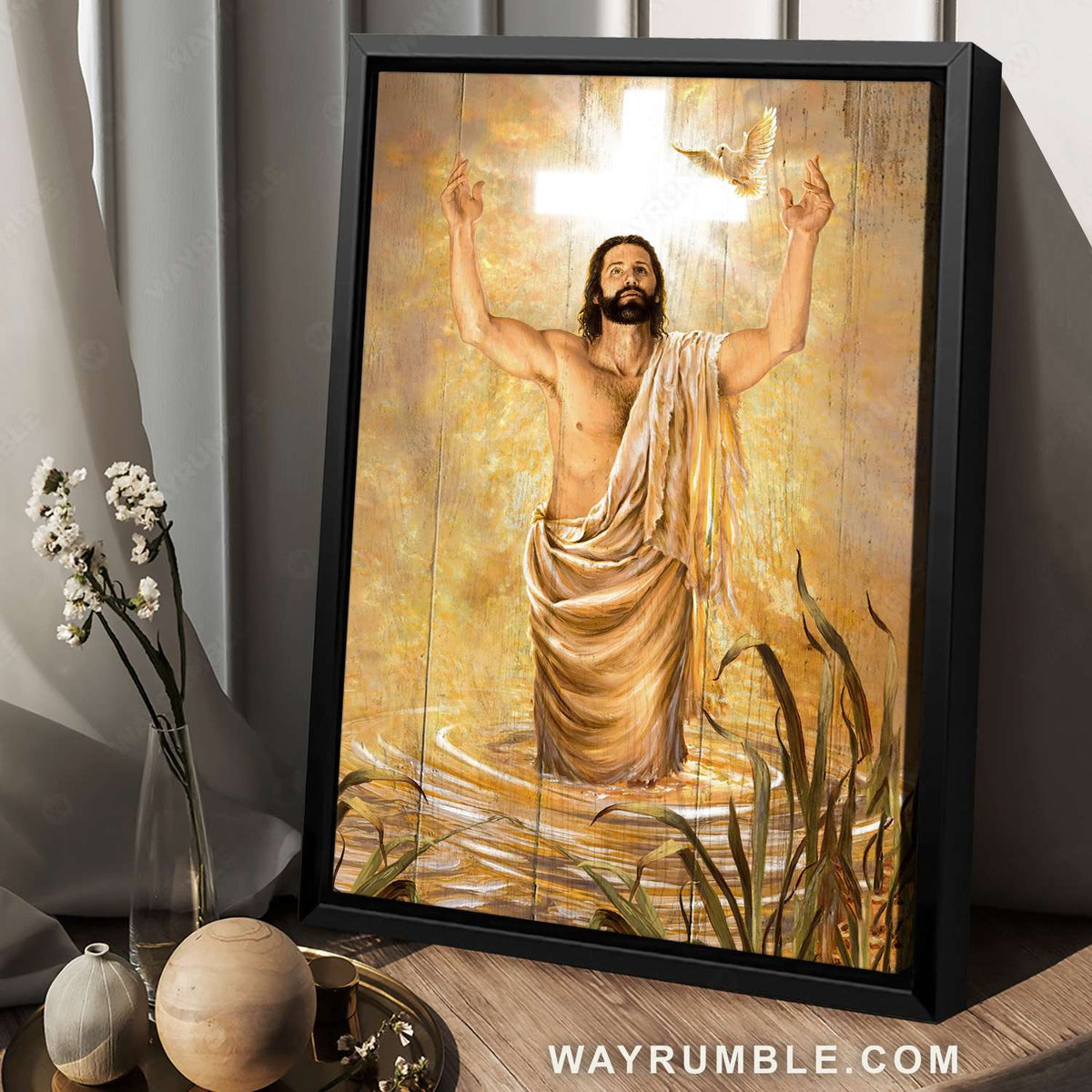 Light cross, Jesus painting, Water surface, Flying dove - Jesus Portrait Canvas Prints, Christian Wall Art