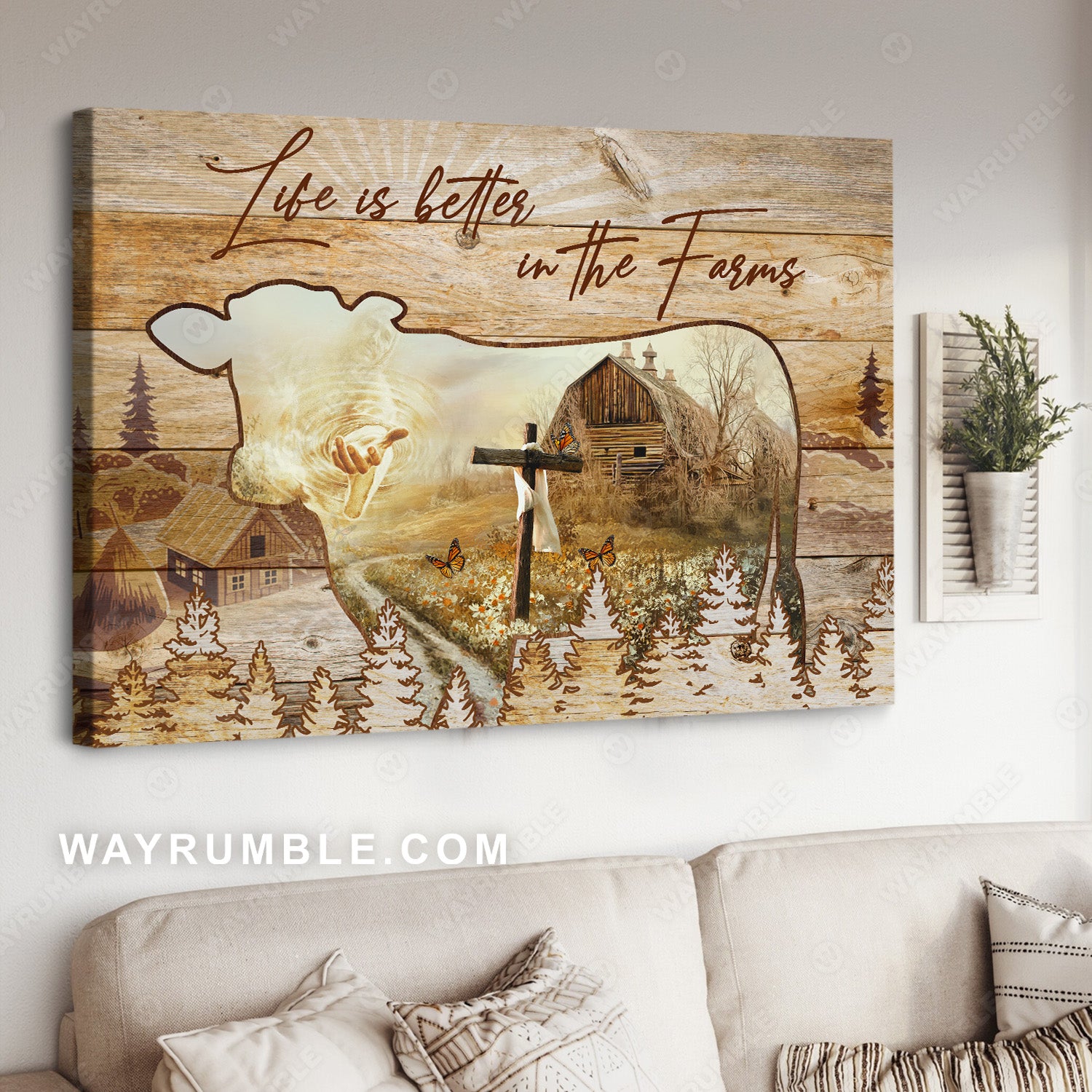 Peaceful village, Cow painting, Jesus Christ, Life is better in the farm - Jesus Landscape Canvas Prints, Christian Wall Art
