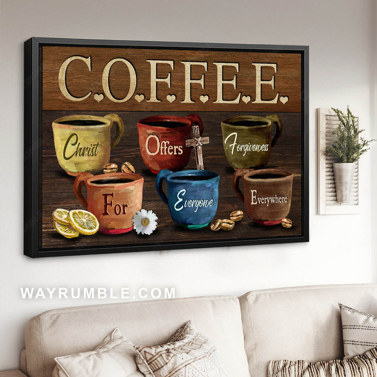 Coffee cups, Coffee beans, Lemon slice, Christ offers forgiveness - Jesus Landscape Canvas Prints, Christian Wall Art