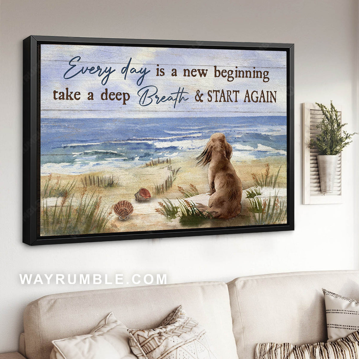 Dachshund dog, Sand beach, Ocean wave, Every day is a new beginning - Jesus Landscape Canvas Prints, Christian Wall Art