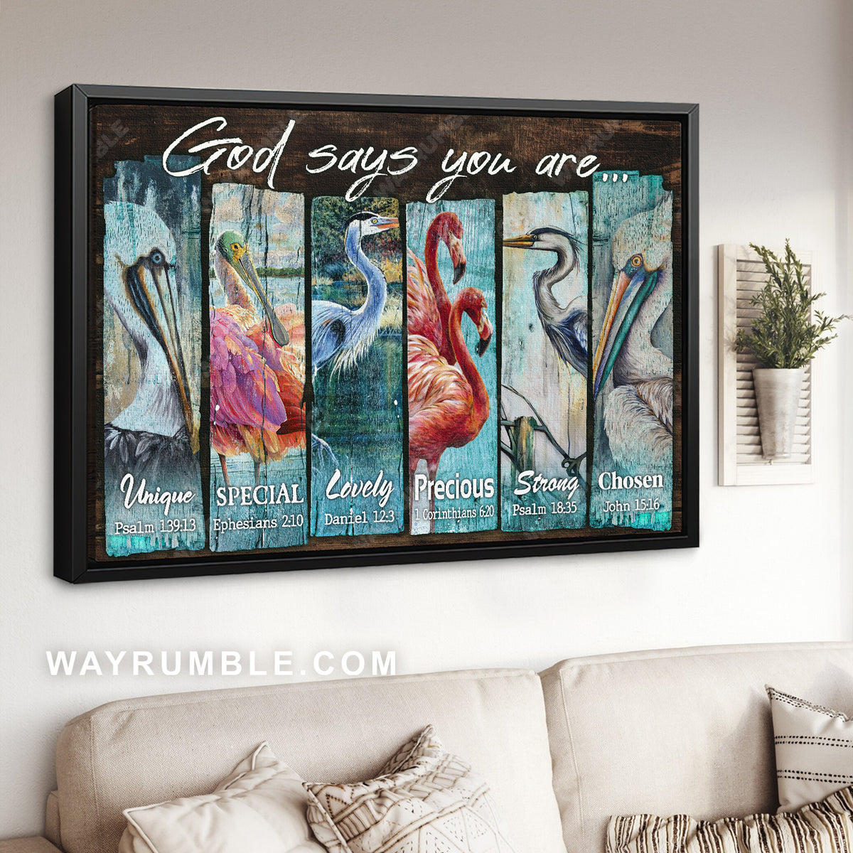 Long-legged birds, Roseate spoonbill, Flamingo, Great egret, God says you are unique - Jesus Landscape Canvas Prints, Christian Wall Art