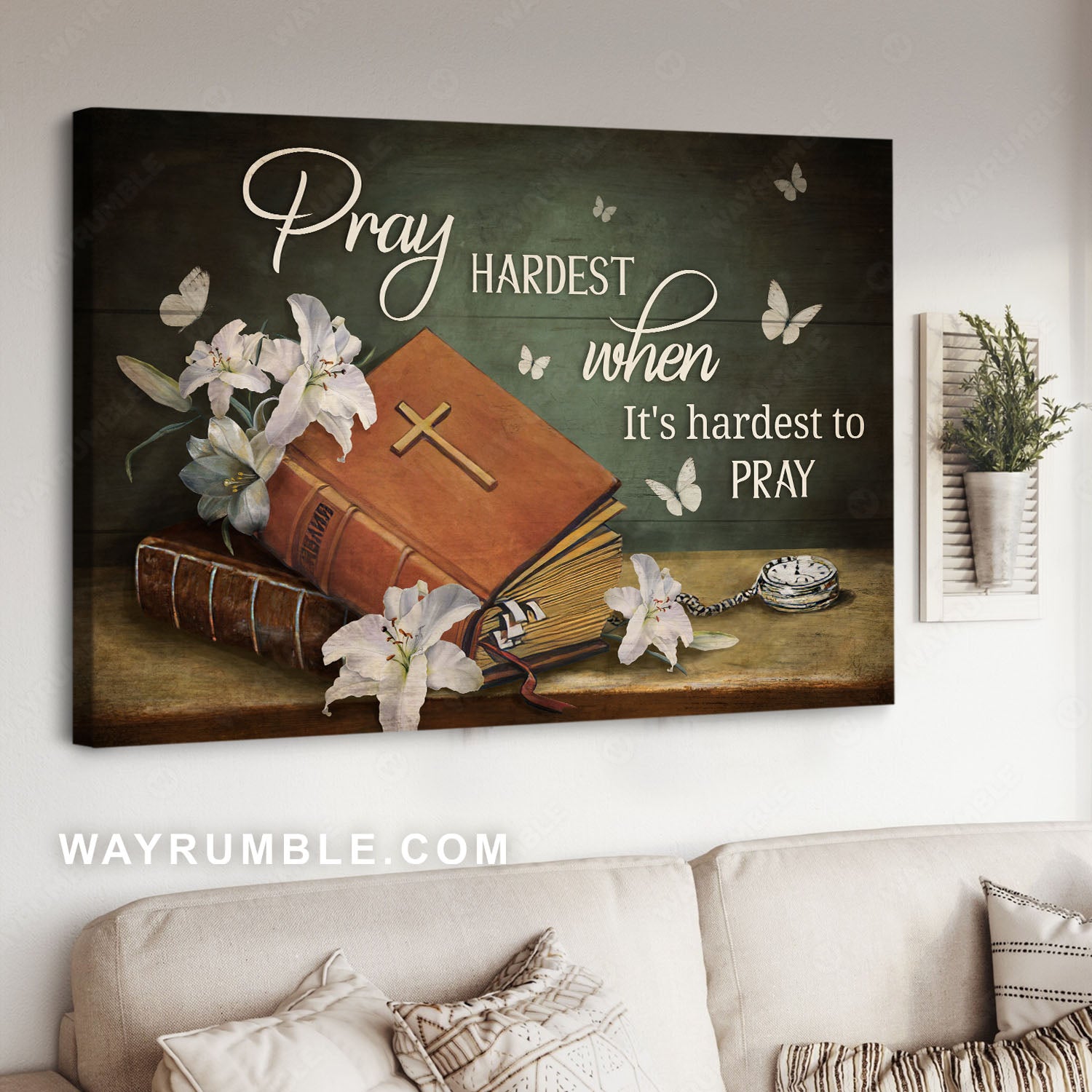 Lily flower, Vintage book, Pray hardest when It's hardest to pray - Jesus Landscape Canvas Prints, Christian Wall Art