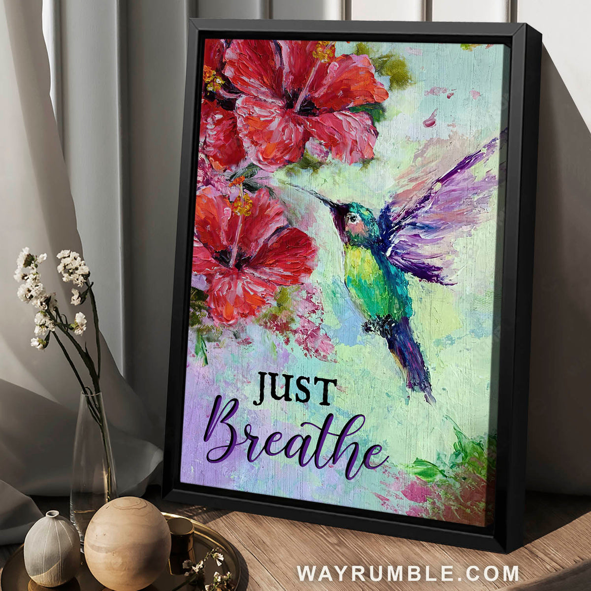Green hummingbird, Hibiscus flower, Acrylic painting, Just breathe - Jesus Portrait Canvas Prints, Christian Wall Art