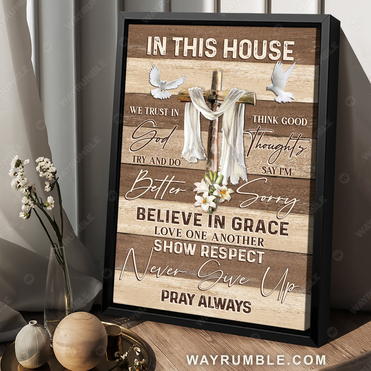  The rugged cross, Dove painting, Wooden background, In this house we trust in God - Jesus Portrait Canvas Prints, Wall Art