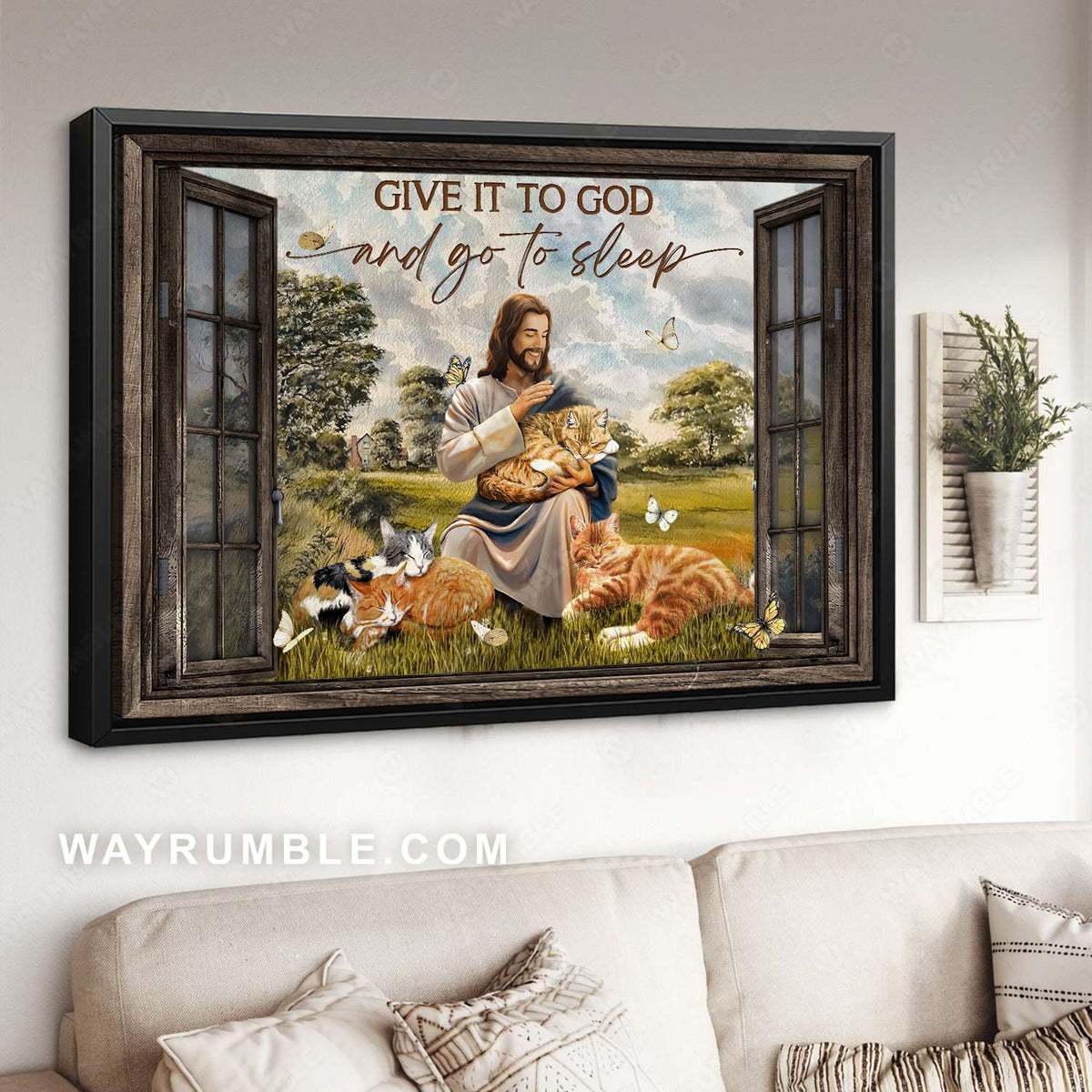 Jesus hugs, Sleepy cats, Green pastures, Give it to God and go to sleep - Jesus Landscape Canvas Prints, Christian Wall Art
