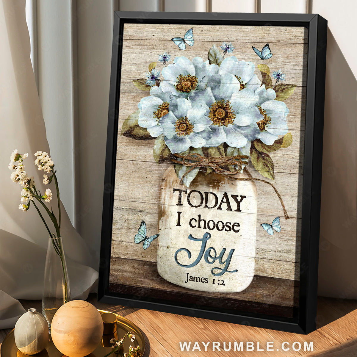 Camellia flower, Blue butterfly, Mason jar, Today I choose joy - Jesus Portrait Canvas Prints, Christian Wall Art