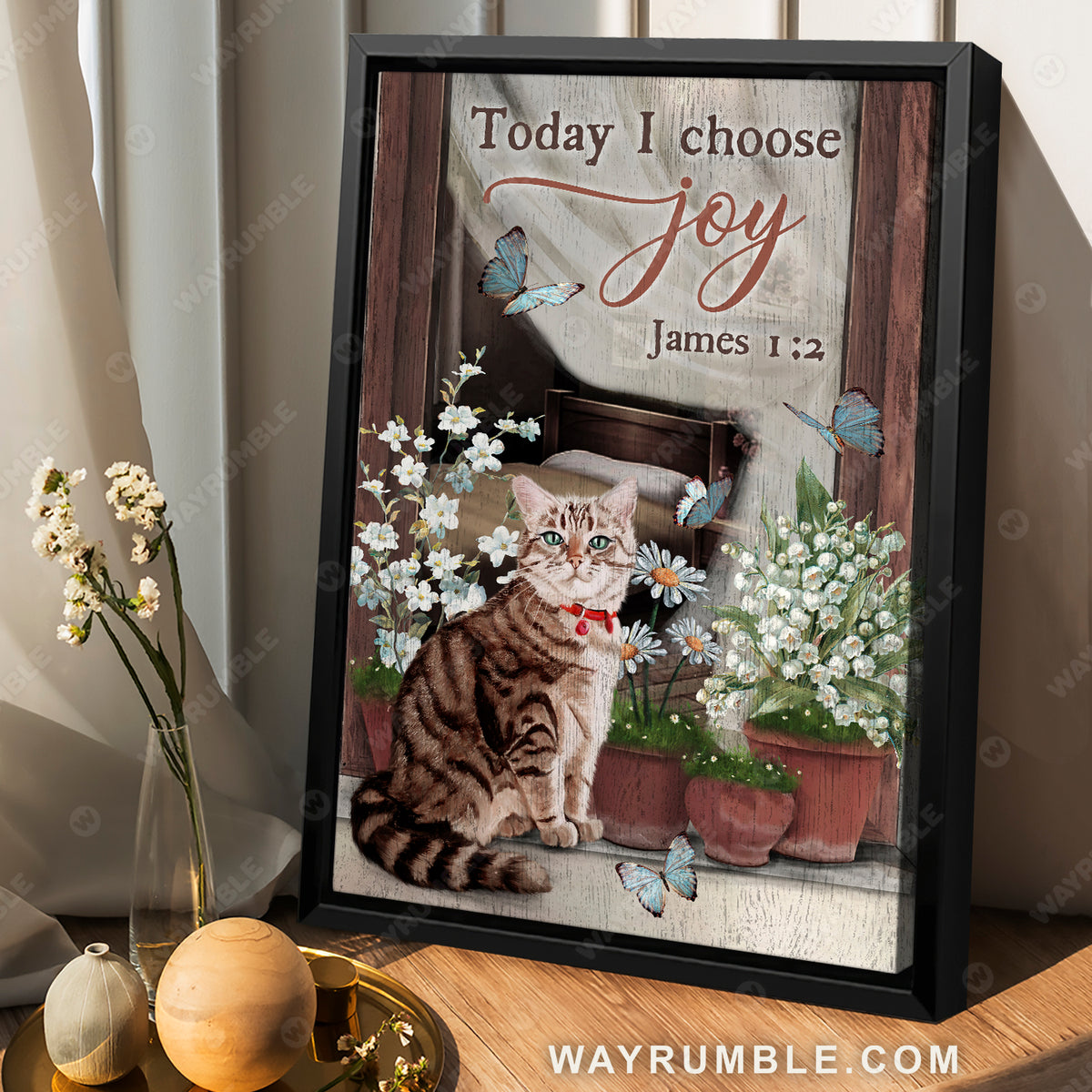 Cute cat, Daisy painting, Lily of the valley, Today I choose joy- Jesus Portrait Canvas Prints, Christian Wall Art