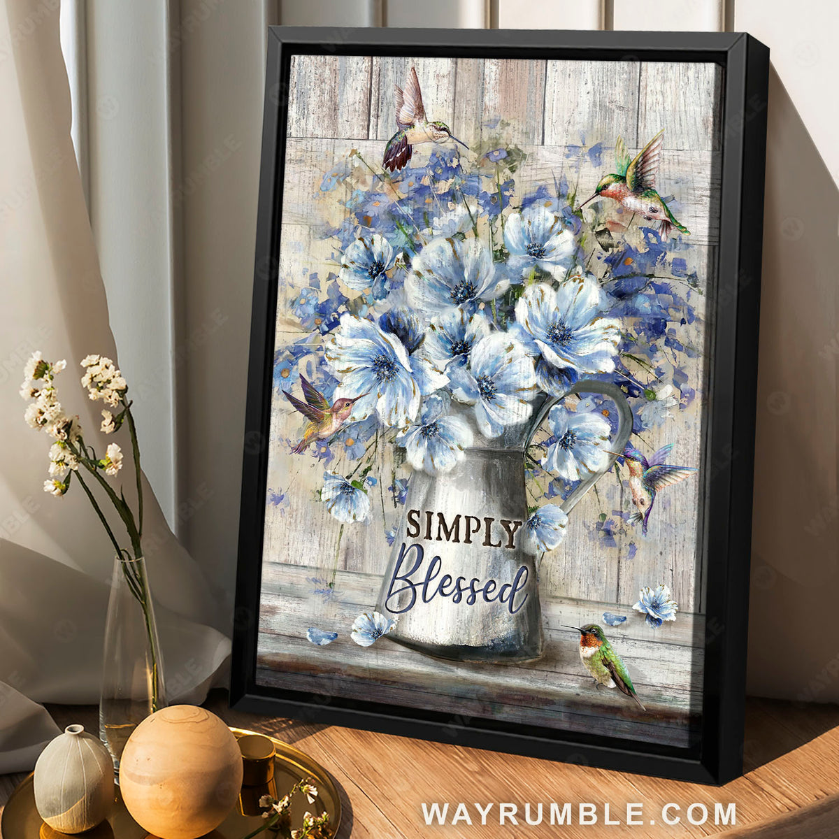 Beautiful flower, Blue daisy flower, Flying hummingbirds, Simply blessed - Jesus Portrait Canvas Prints, Christian Wall Art