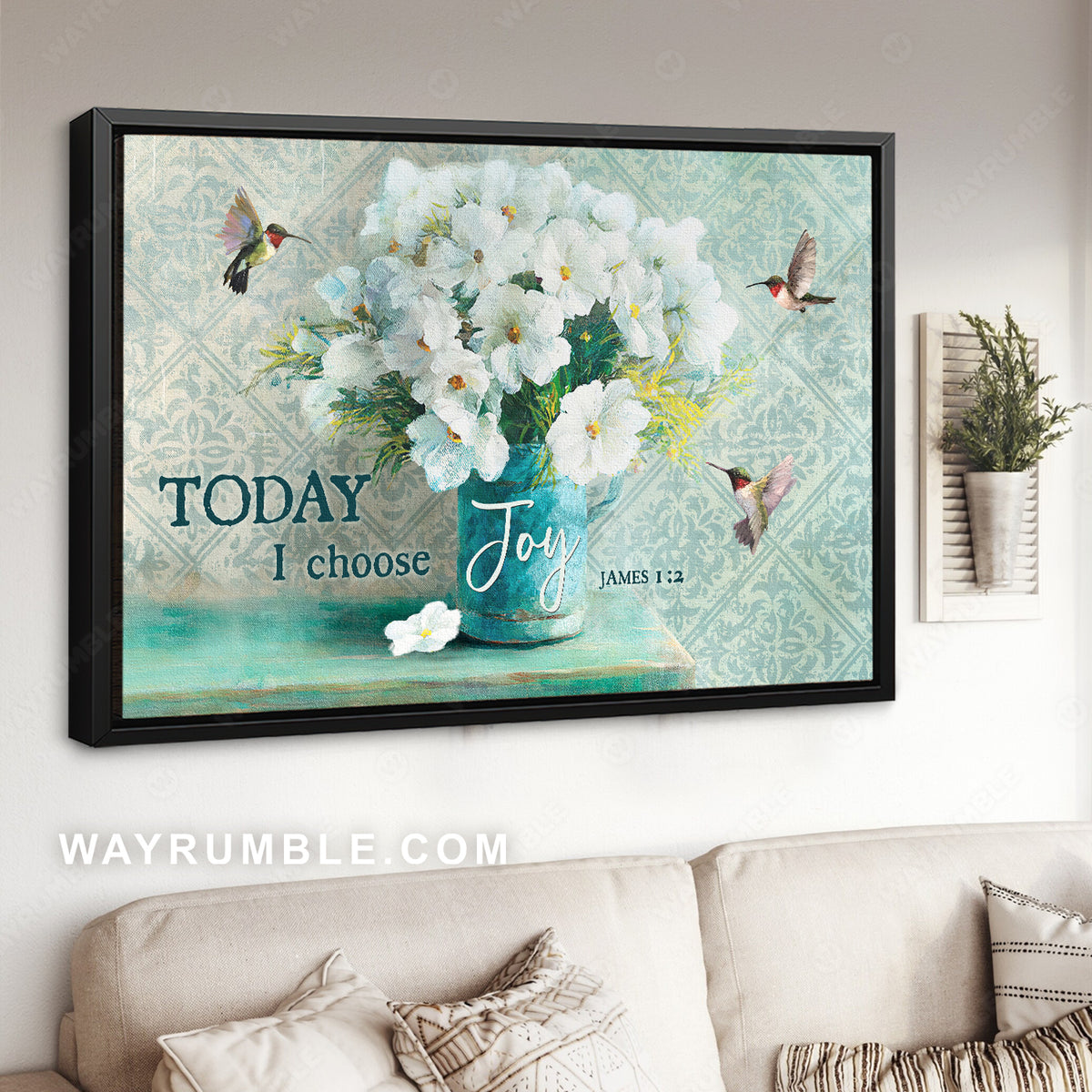 White cosmos, White flowers, Green hummingbirds, Today I choose joy - Jesus Landscape Canvas Prints, Christian Wall Art
