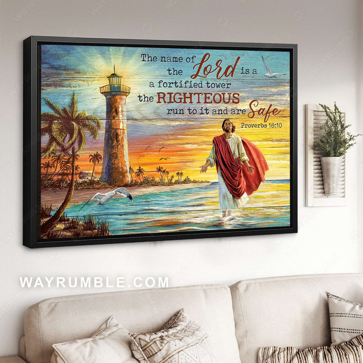 Jesus walks on water, Lighthouse, Sunrise beach, Lord is a fortified tower - Jesus Landscape Canvas Prints, Christian Wall Art