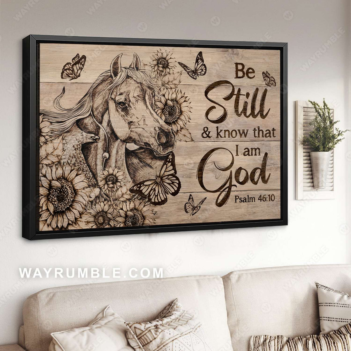 Horse drawing, Sunflower field, Monarch butterfly, Be still and know that I am God - Jesus Landscape Canvas Prints, Christian Wall Art