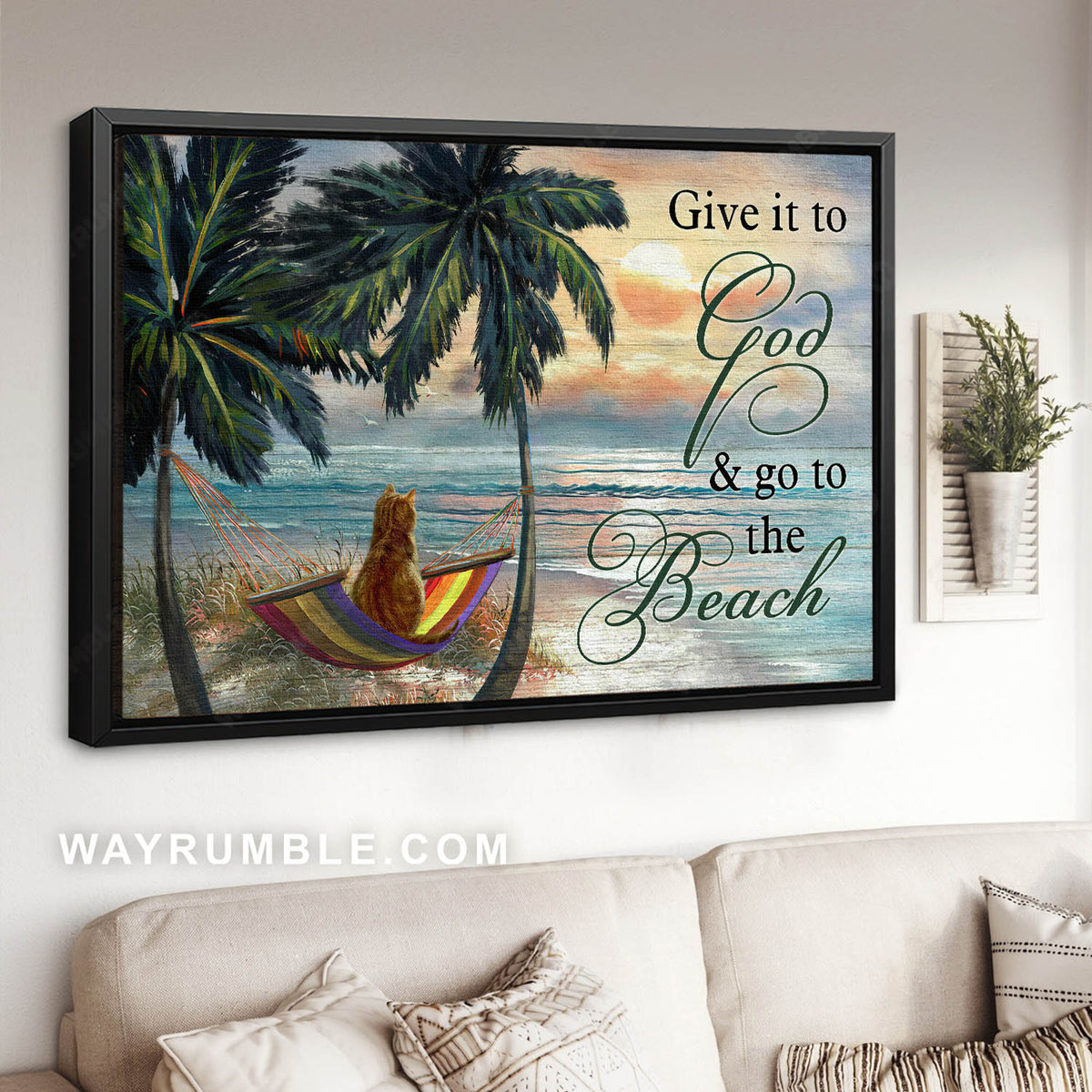 Tabby kitten, Palm tree, Beach hammock, Sunrise ocean, Give it to God - Jesus Landscape Canvas Prints, Christian Wall Art