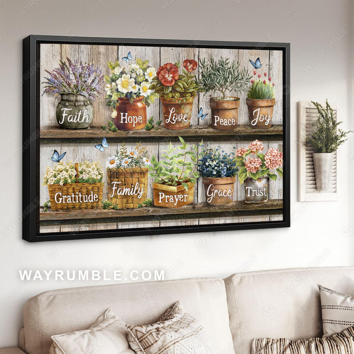 Colorful flowers, Blue butterfly, Flower vases, Faith hope love- Jesus Landscape Canvas Prints, Christian Wall Art