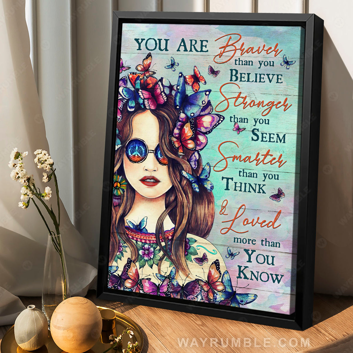 Beautiful girl, Colorful butterfly, You are braver than you believe - Jesus Portrait Canvas Prints, Christian Wall Art