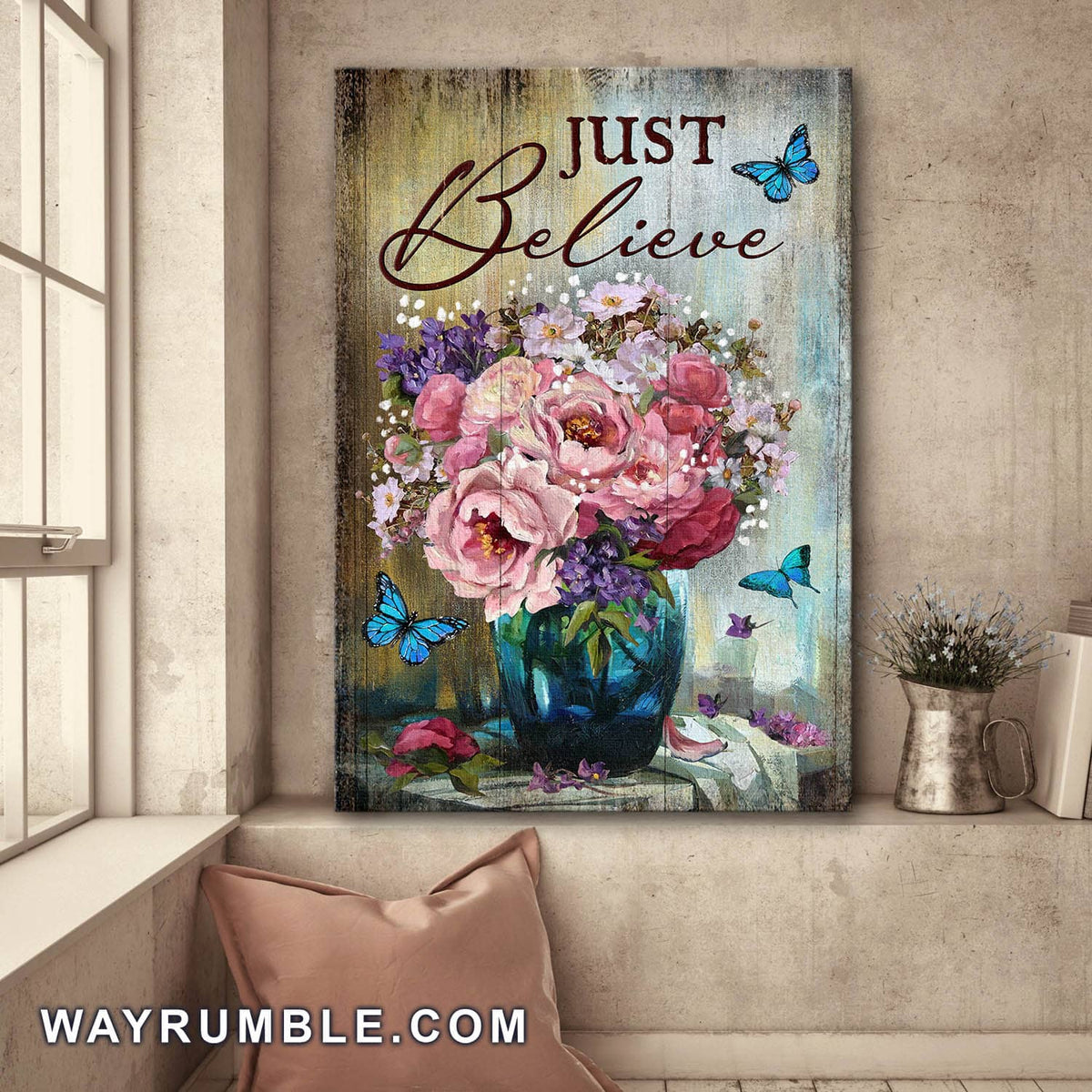 Rose vase, Blue Butterfly, Just Breathe - Jesus Portrait Canvas Prints, Wall Art