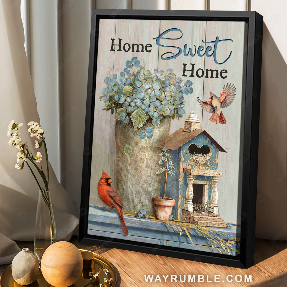 Blue hydrangea, Red cardinals, Wooden birdcage, Hoe sweet home - Jesus Portrait Canvas Prints, Christian Wall Art