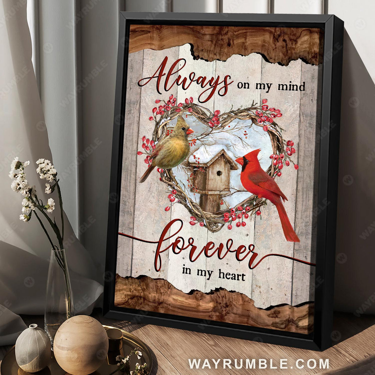 Cardinal painting, Winter garden, Heart shape cranberry, Forever in my heart - Heaven Portrait Canvas Prints, Wall Art