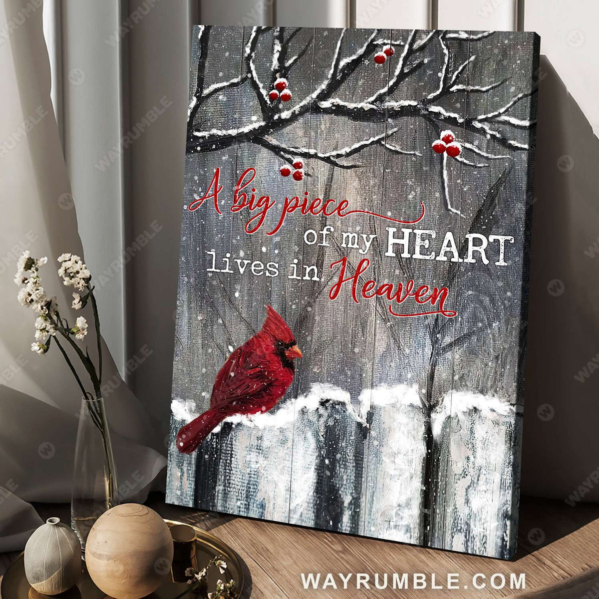 Winter garden, Cardinal painting, A big piece of my heart lives in heaven - Heaven Portrait Canvas Prints, Wall Art