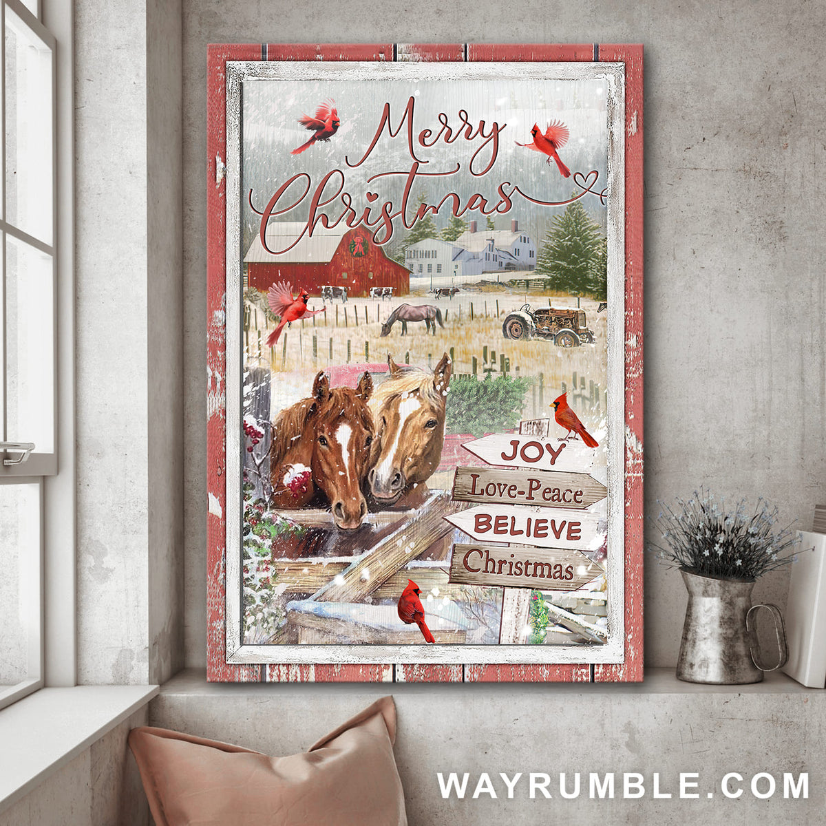 Horse couple, Cardinal, Tranquil farm, Merry Christmas - Jesus Portrait Canvas Prints, Wall Art