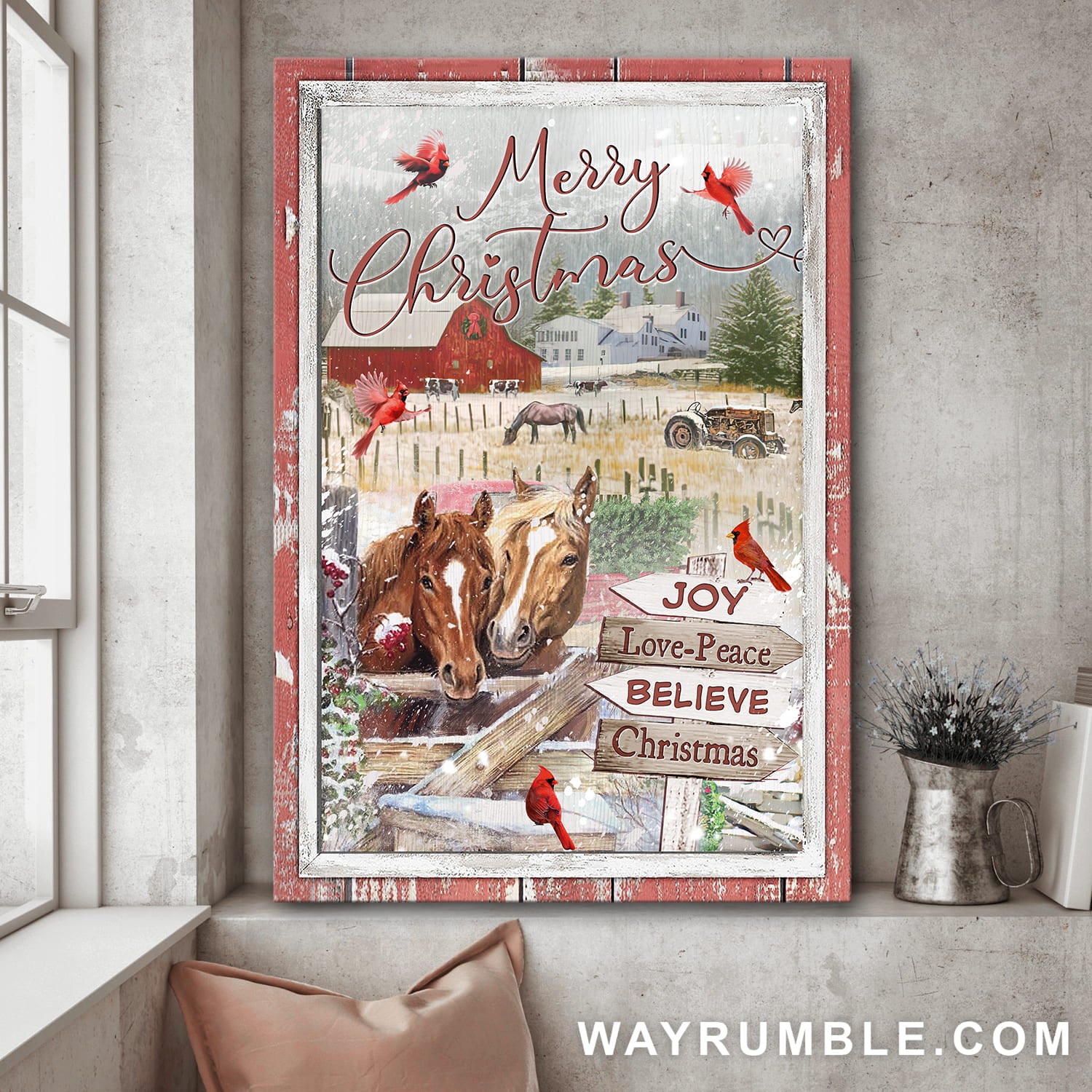 Horse couple, Cardinal, Tranquil farm, Merry Christmas - Jesus Portrait Canvas Prints, Wall Art