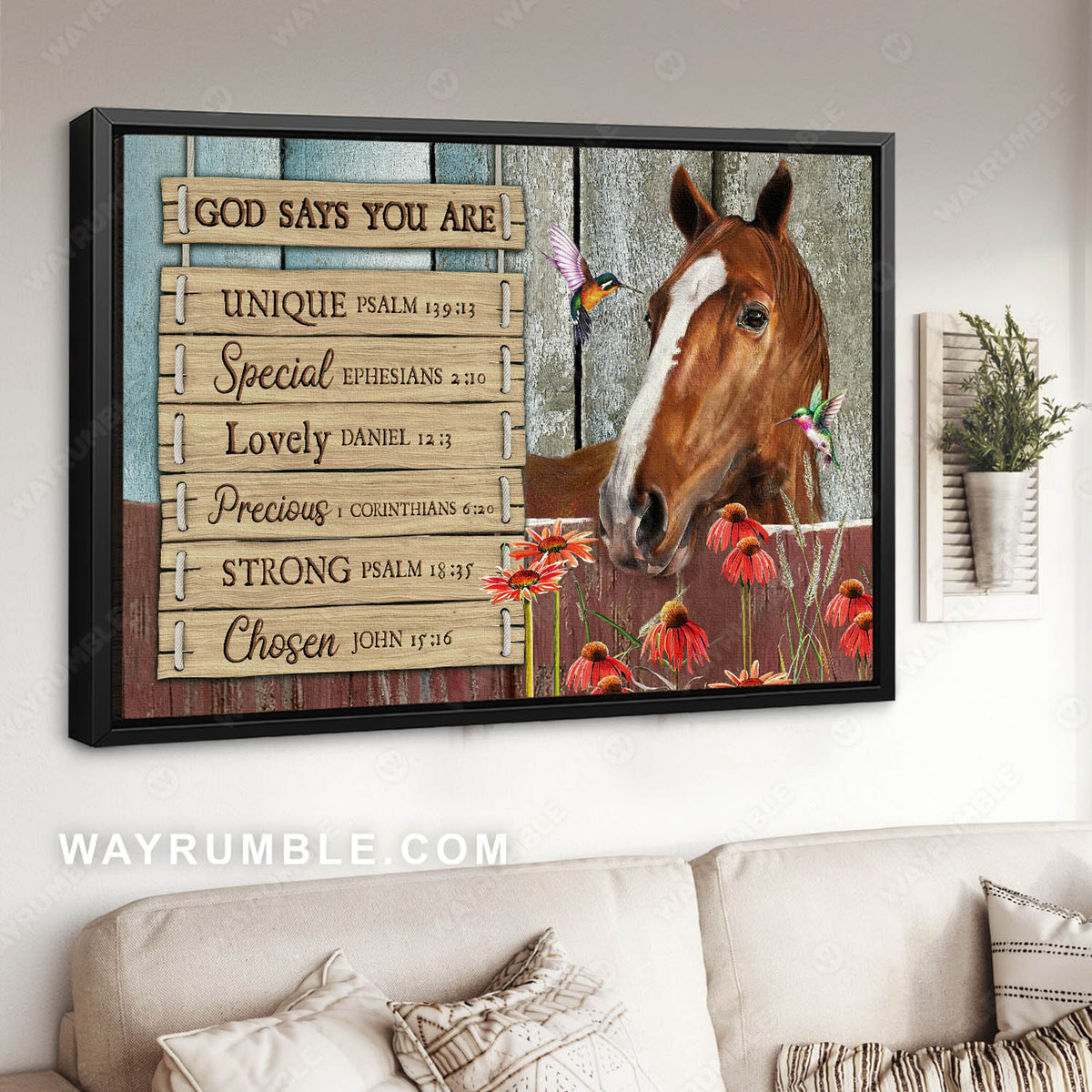Brown horse, Colorful hummingbirds, Red daisy, God says you are unique - Jesus Landscape Canvas Prints, Christian Wall Art