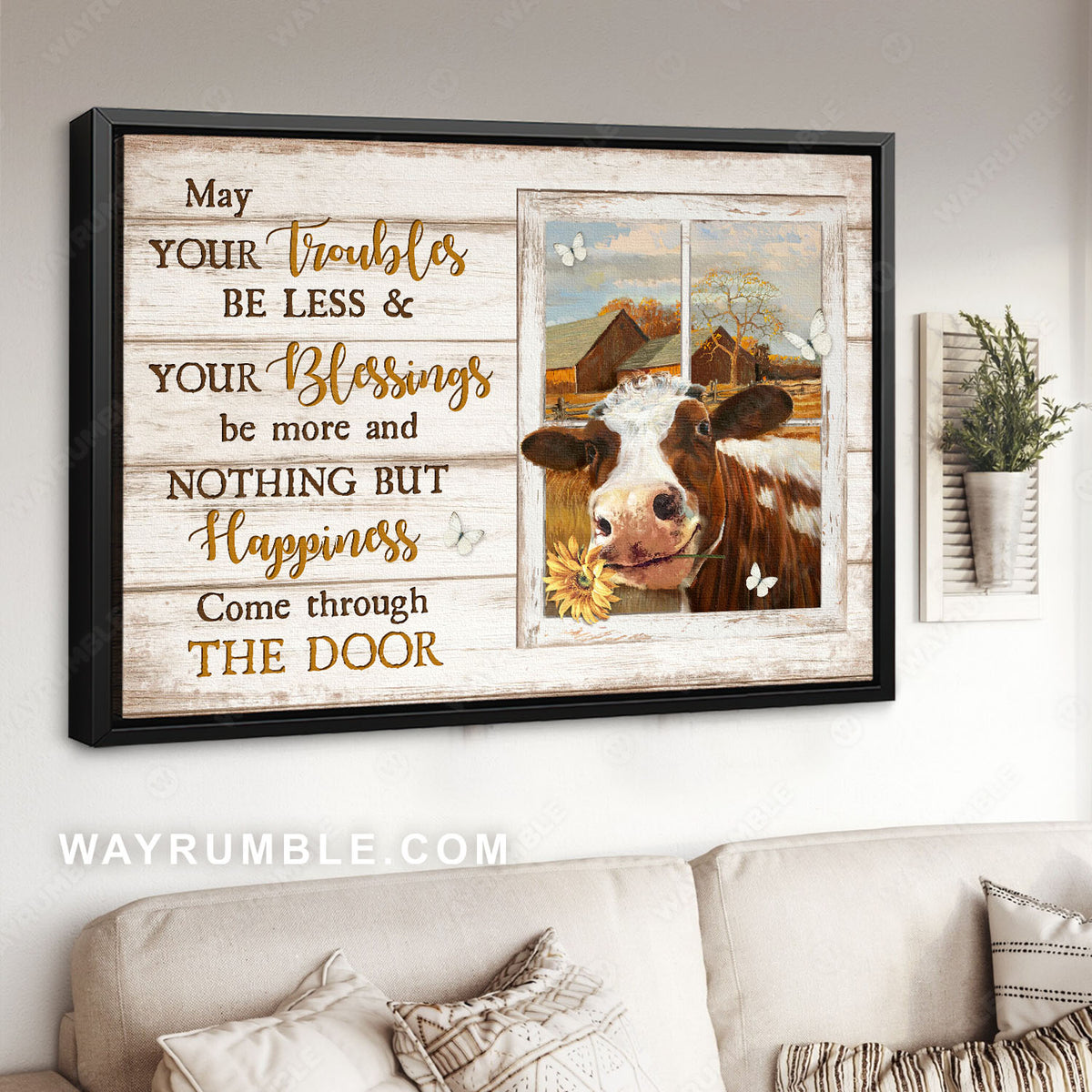 Cow painting, Window frame, Storage house, Happiness come through the door - Jesus Landscape Canvas Prints, Christian Wall Art
