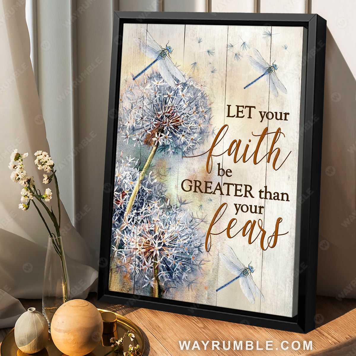 Dandelion painting, Blue dragonfly, Let your faith be greater than your fear - Jesus Portrait Canvas Prints, Christian Wall Art