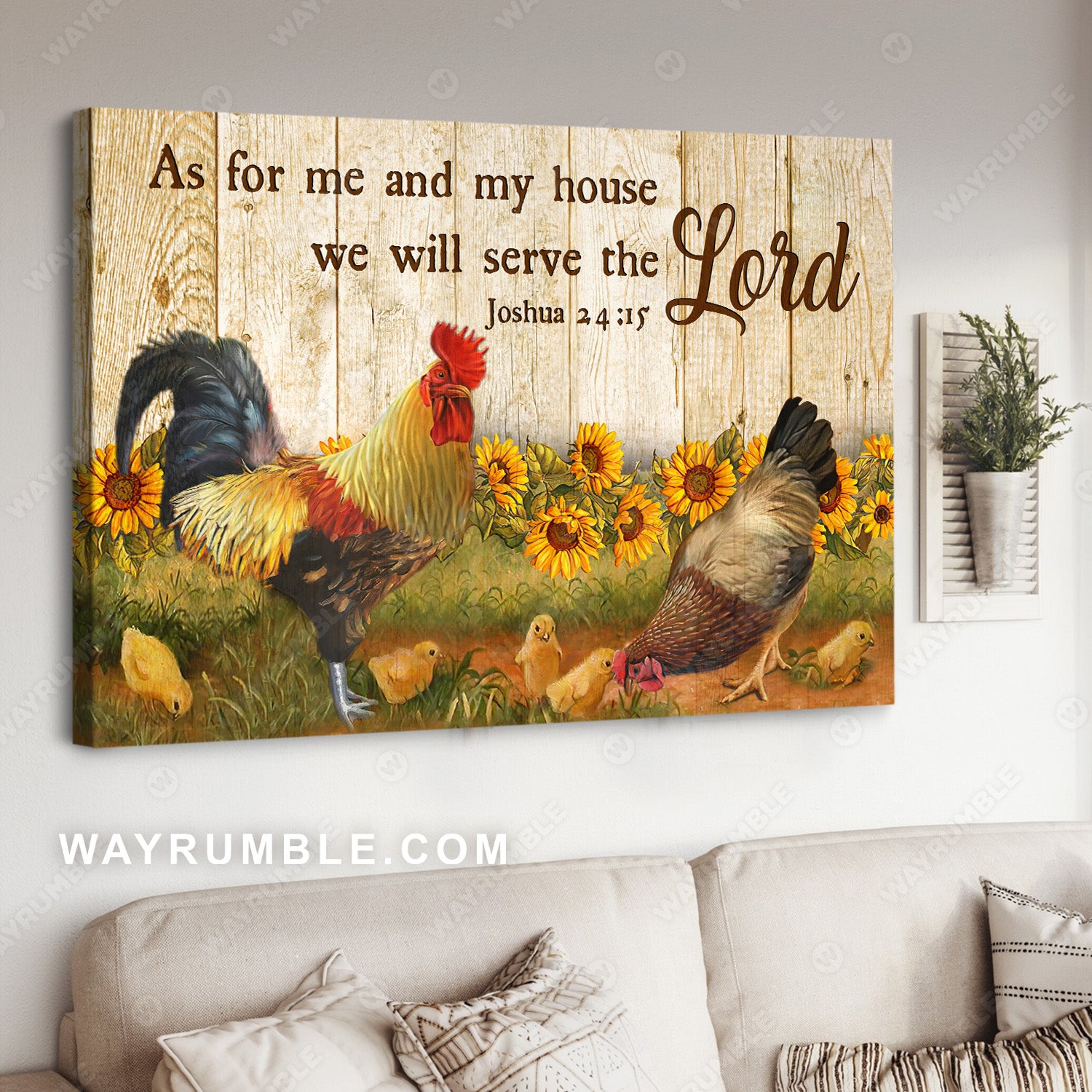 Chicken couple, Sunflower painting, Countryside painting, Me and my house will serve the Lord - Jesus Landscape Canvas Prints, Christian Wall Art