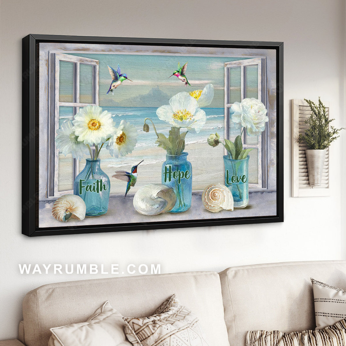 White flowers, Ocean view, Seashells, Faith hope love - Jesus Landscape Canvas Prints, Christian Wall Art