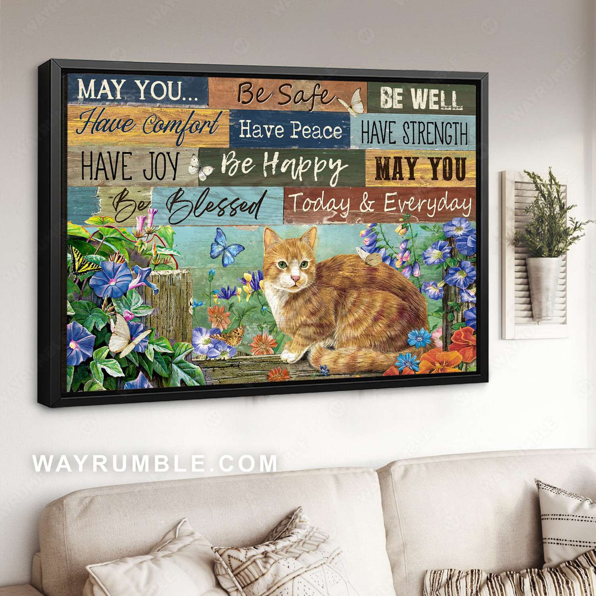 Orange tabby cat, Flower garden, May you be safe be well - Jesus Landscape Canvas Prints, Christian Wall Art