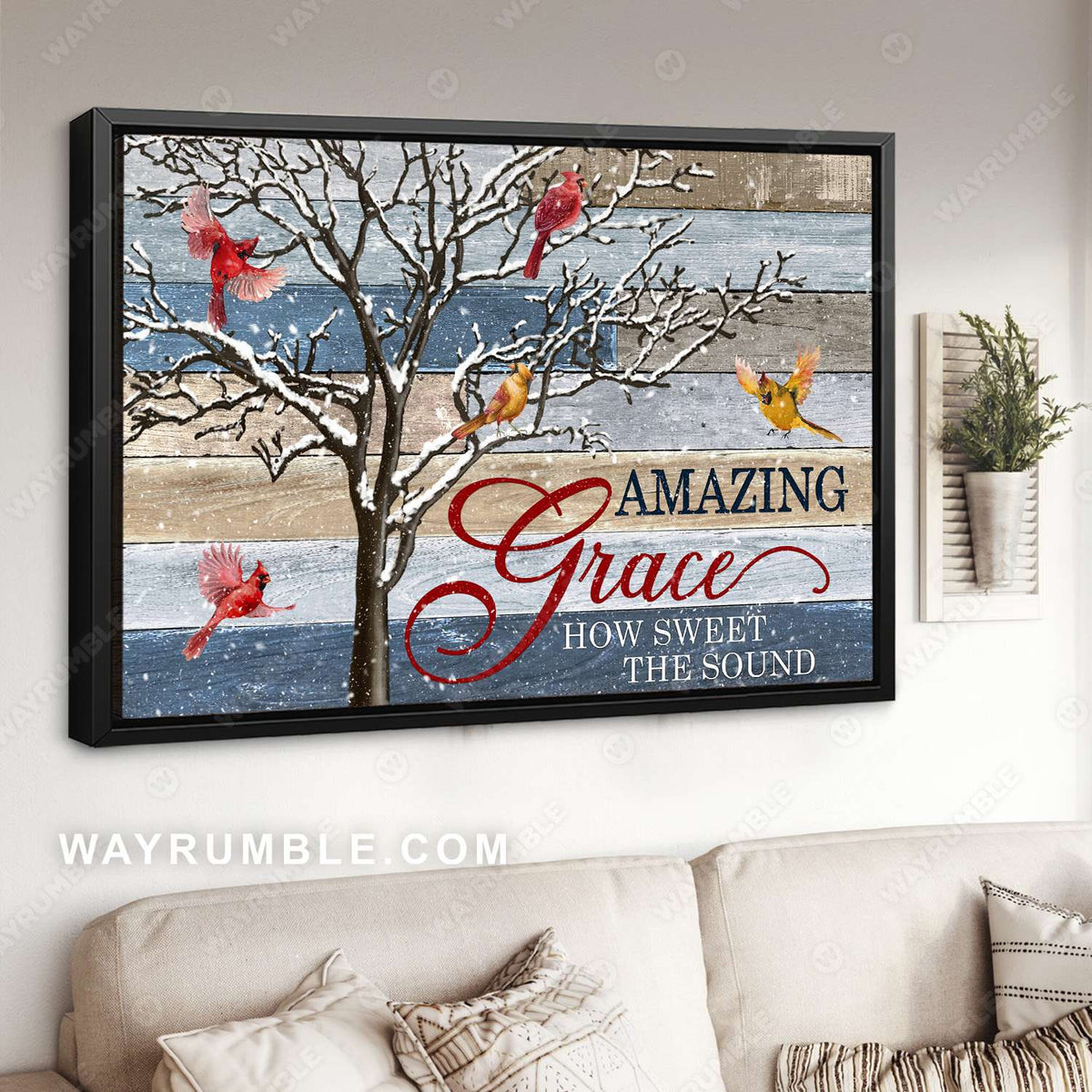Cardinal painting, Winter tree, Wooden background, Amazing grace, How sweet the sound - Jesus Landscape Canvas Prints, Christian Wall Art