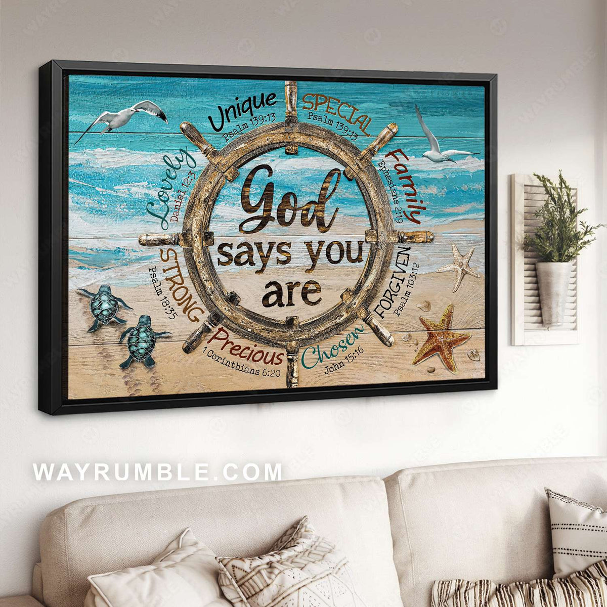 Ship wheel, Sea turtle, Starfish drawing, Flying seagull, Gods says you are special - Jesus Landscape Canvas Prints, Christian Wall Art