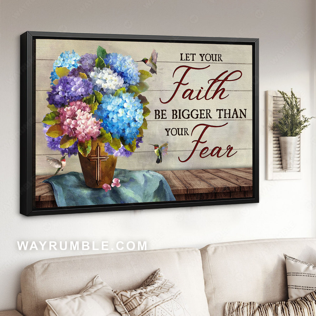 Colorful hydrangea, Green hummingbirds, Let your faith be bigger - Jesus Landscape Canvas Prints, Christian Wall Art