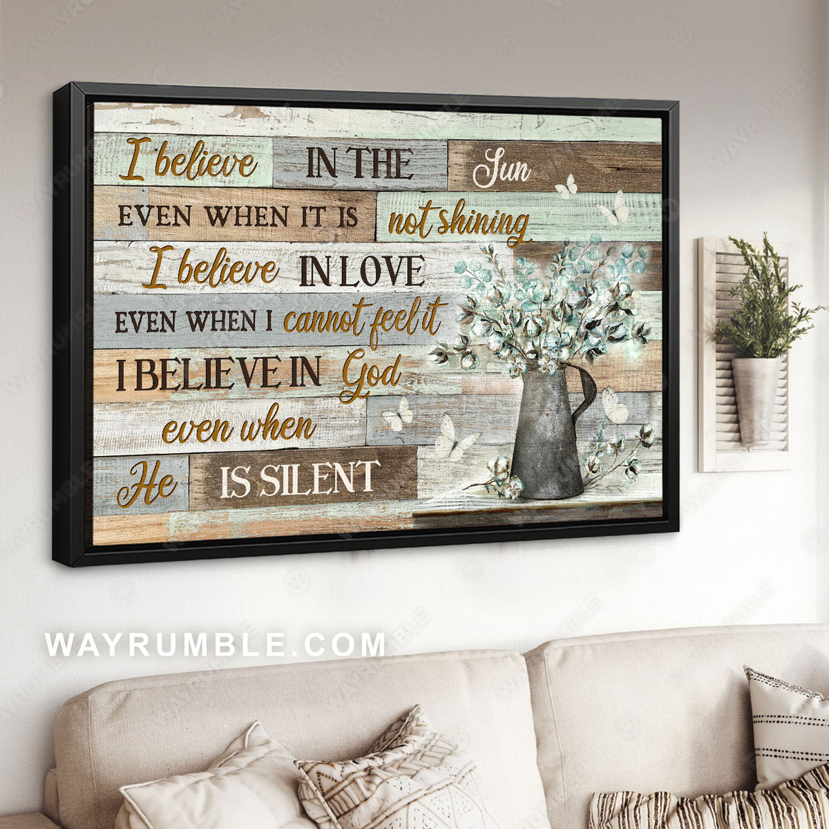 Cotton flowers, Table vase, White butterfly, I believe in God - Jesus Landscape Canvas Prints, Christian Wall Art