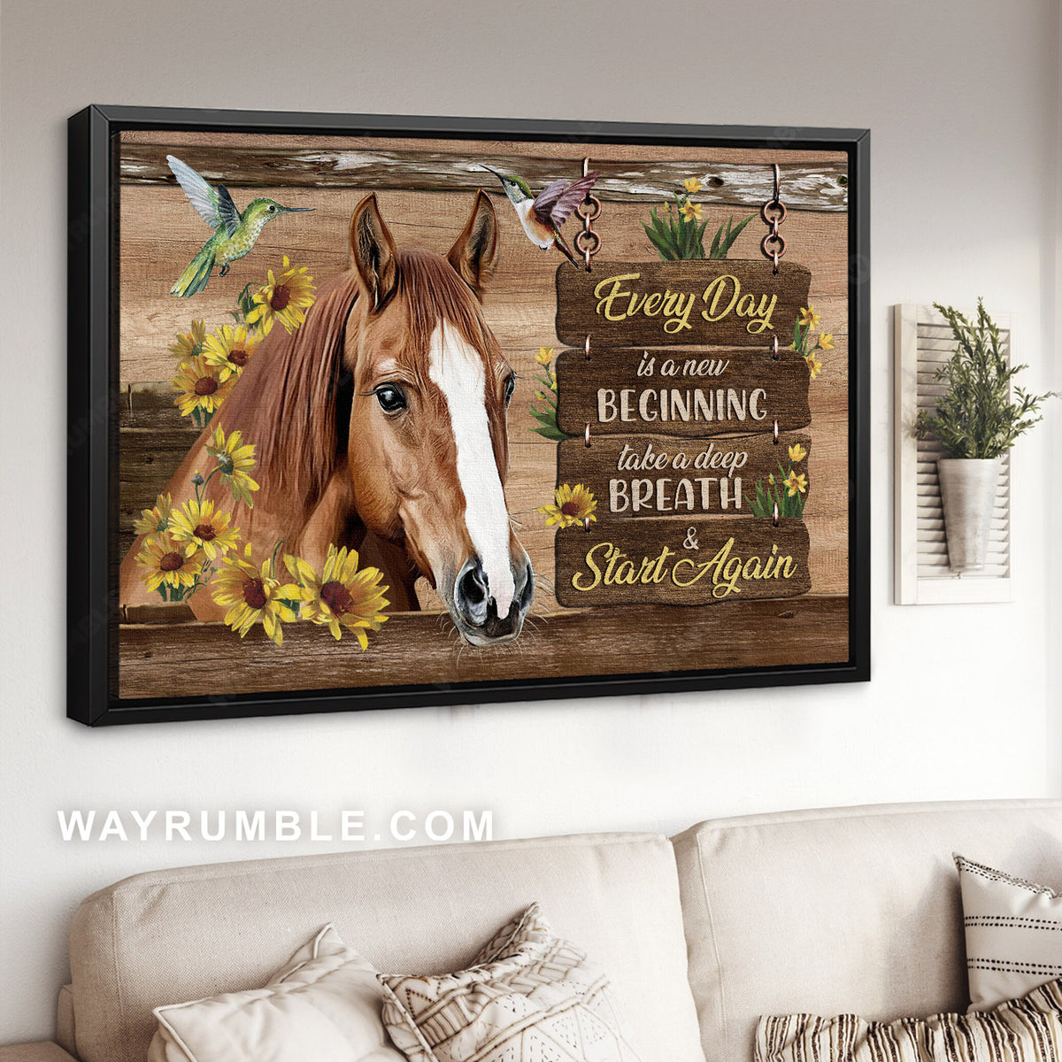 Brown horse, Yellow daisy, Flying hummingbirds, Every day is a new beginning - Jesus Landscape Canvas Prints, Christian Wall Art