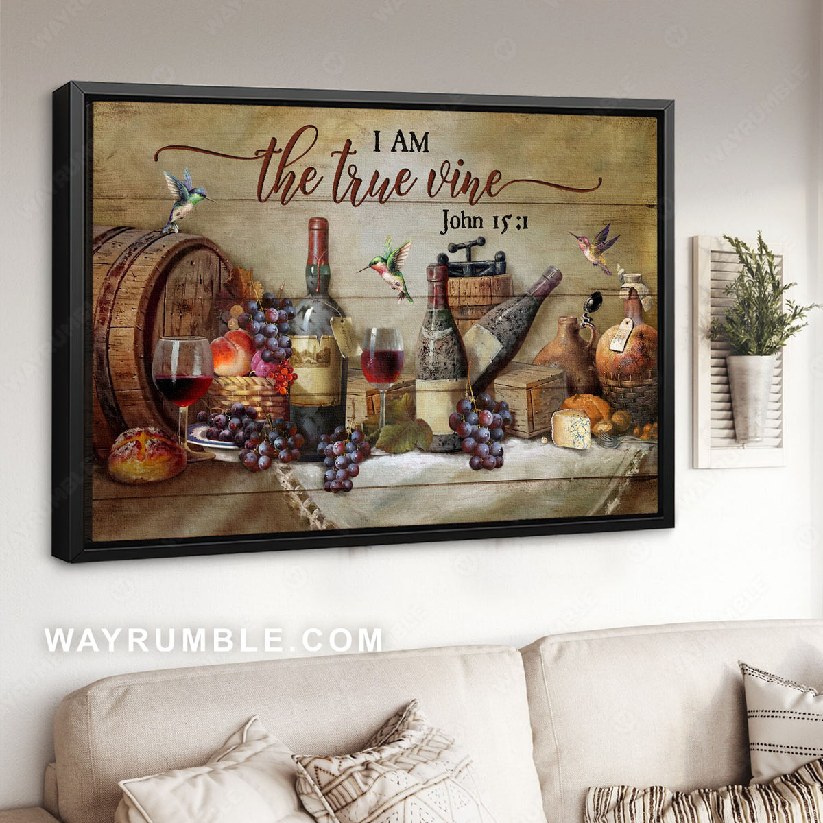 Kitchen painting, Red wine, Barrel, Grape, I am the true vine - Jesus Landscape Canvas Prints, Christian Wall Art