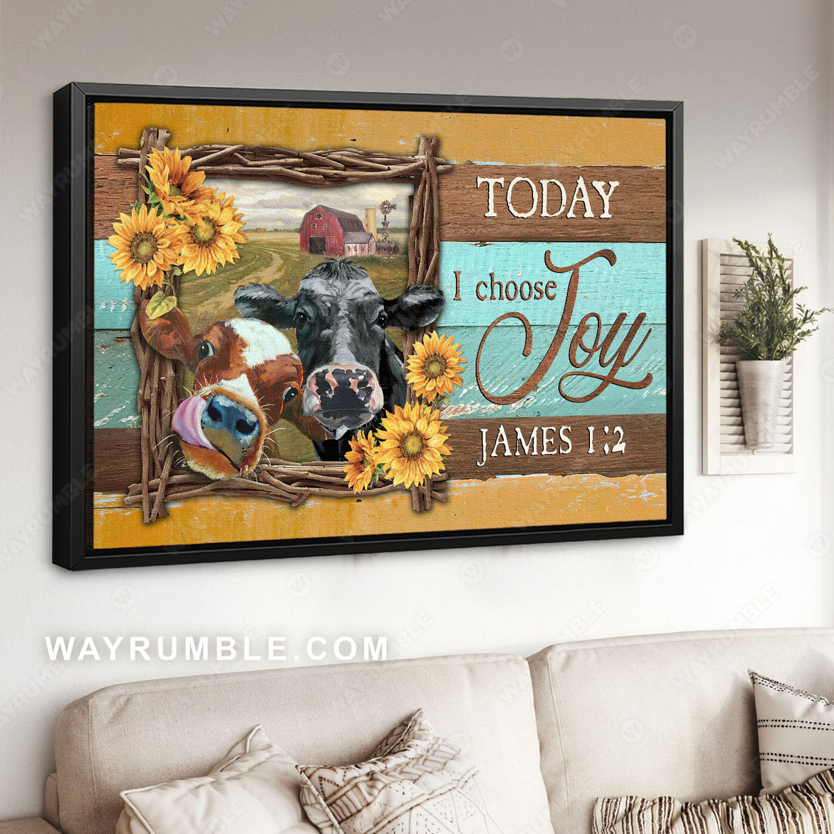 Cow painting, Sunflower frame, Old barn, Today I choose joy - Jesus Landscape Canvas Prints, Christian Wall Art