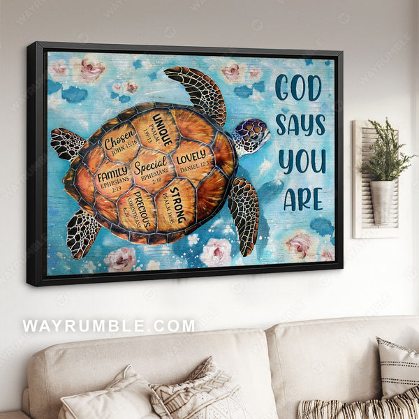 Sea turtle, Blue water, Flower on water, God says you are - Jesus Land ...